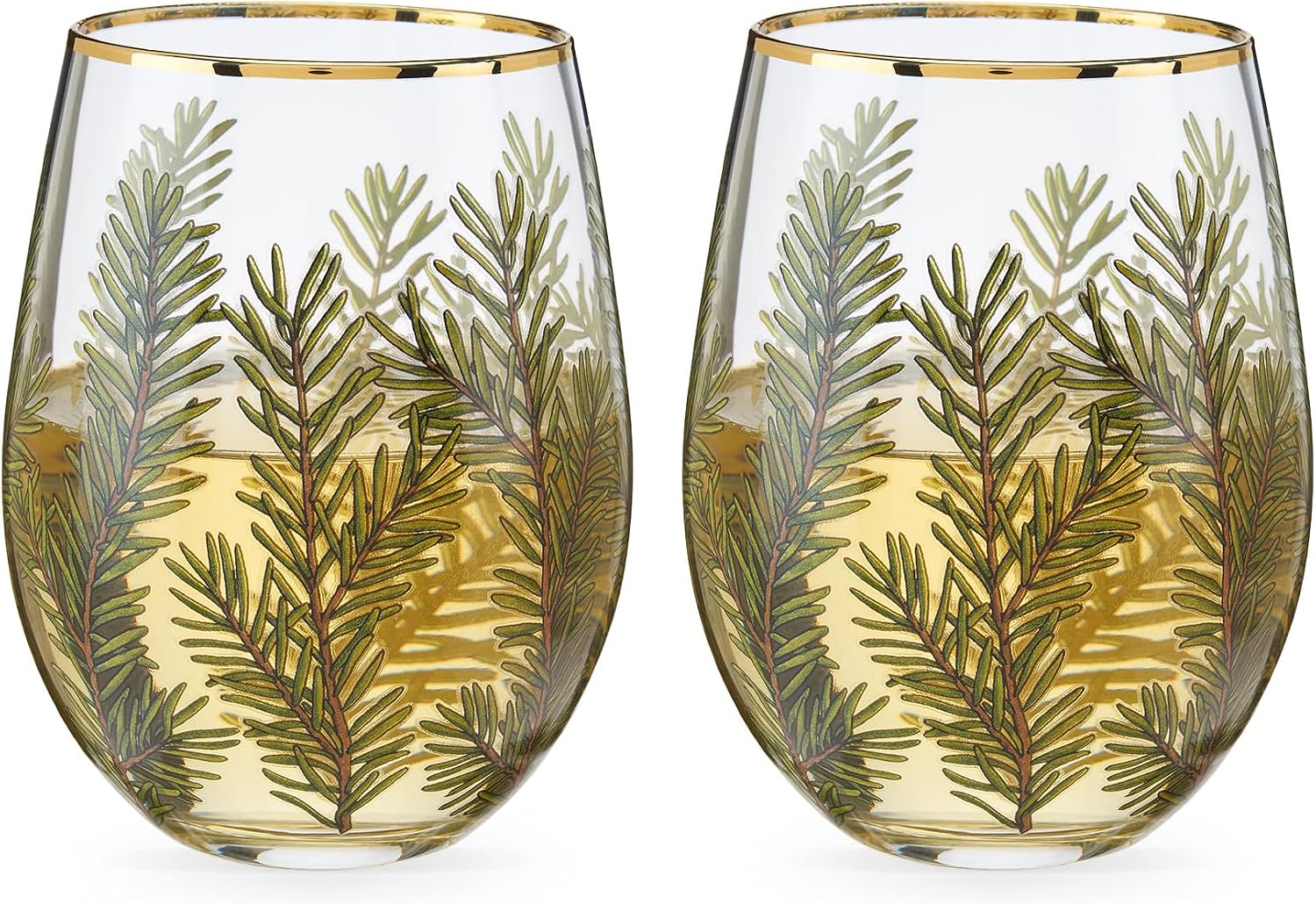 Woodland Stemless Wine Glasses with Gold Rim, Set of 2, 16 oz