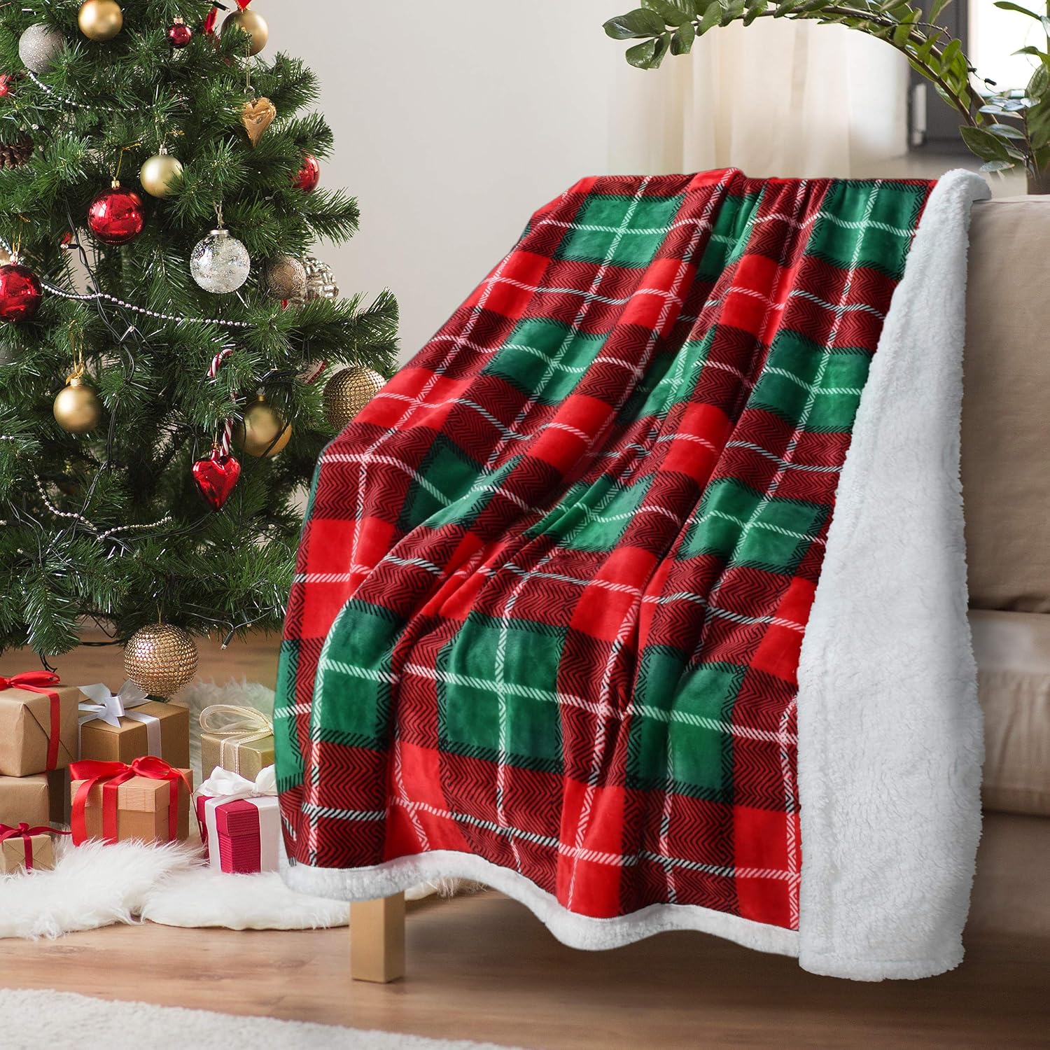 Red Buffalo Plaid Christmas Throw Sherpa Blanket, 50" x 60"