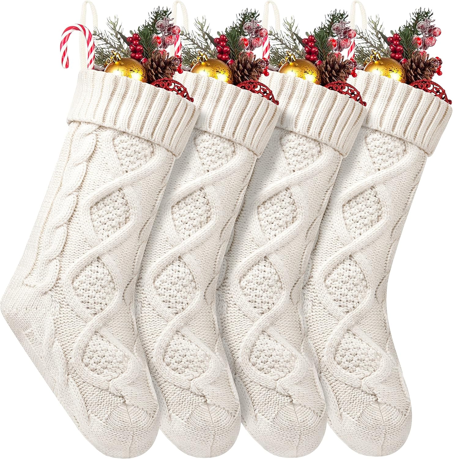 4 Pack Christmas Stockings 18 Inches, Cable Knitted, Ivory White