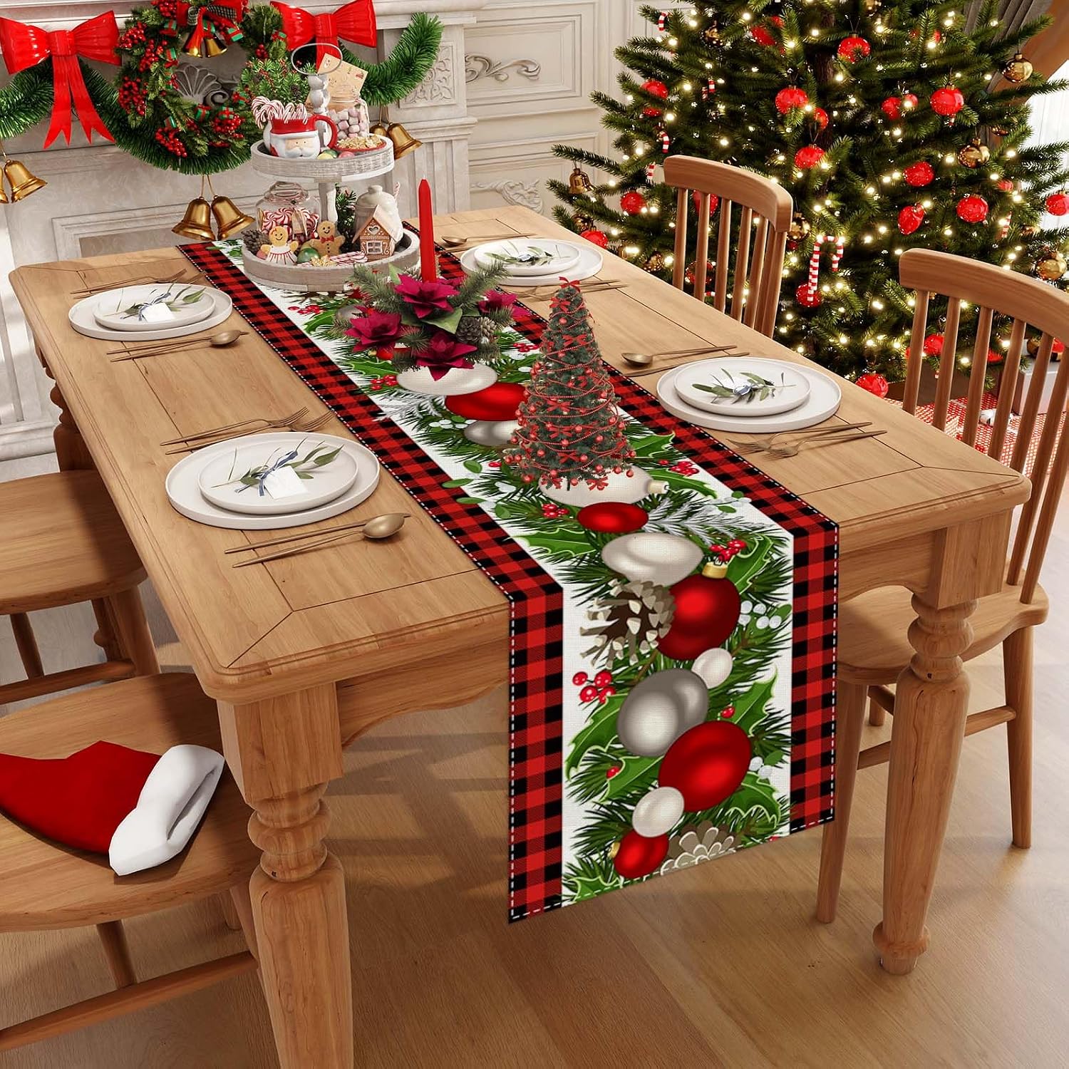 Linen Red & Black Buffalo Check Christmas Table Runner, 72 Inches