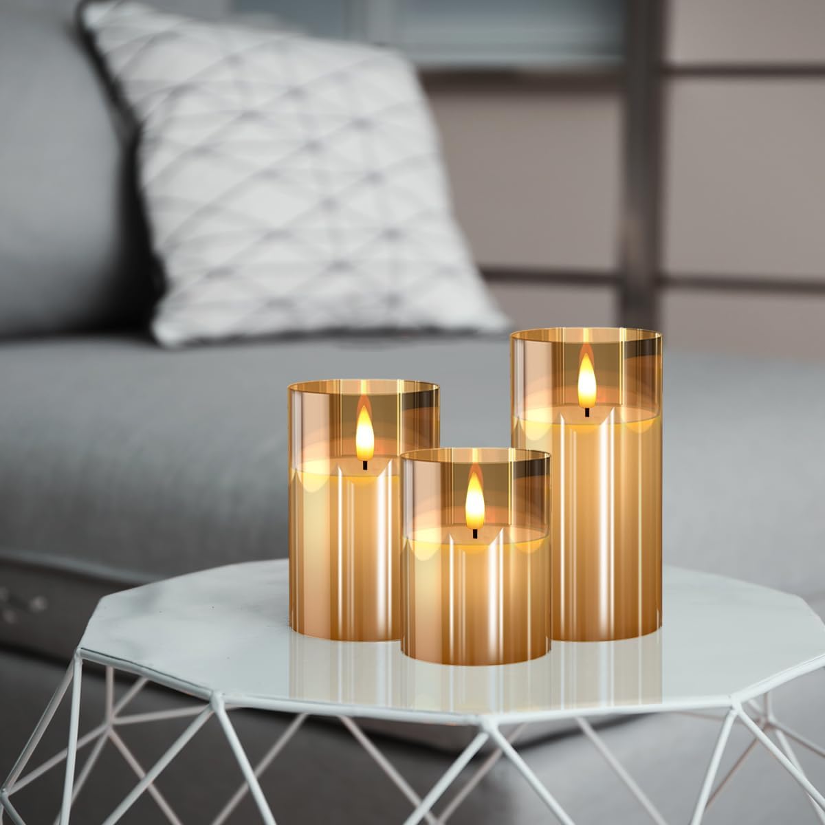 Glass Battery Operated LED Flameless Candles, Pack of 3, Gold