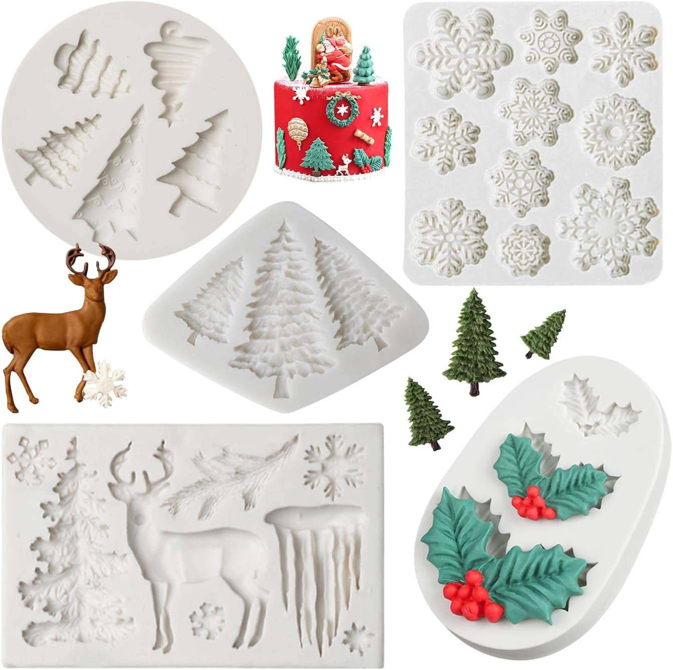 Christmas Fondant Mold Set of 5 — Snowflake, Tree, Reindeer, Holly, Cupcake Topper