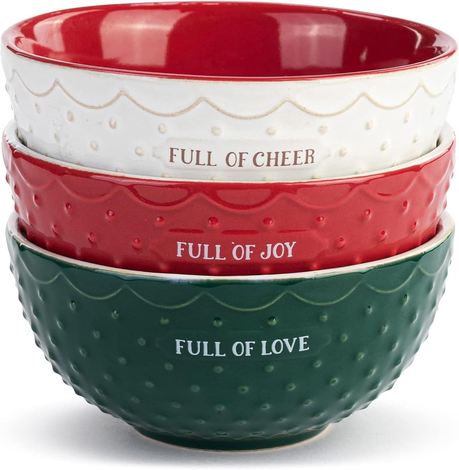 Full Of Cheer Red, Green & White Ceramic Christmas Baking Bowls, Set of 3