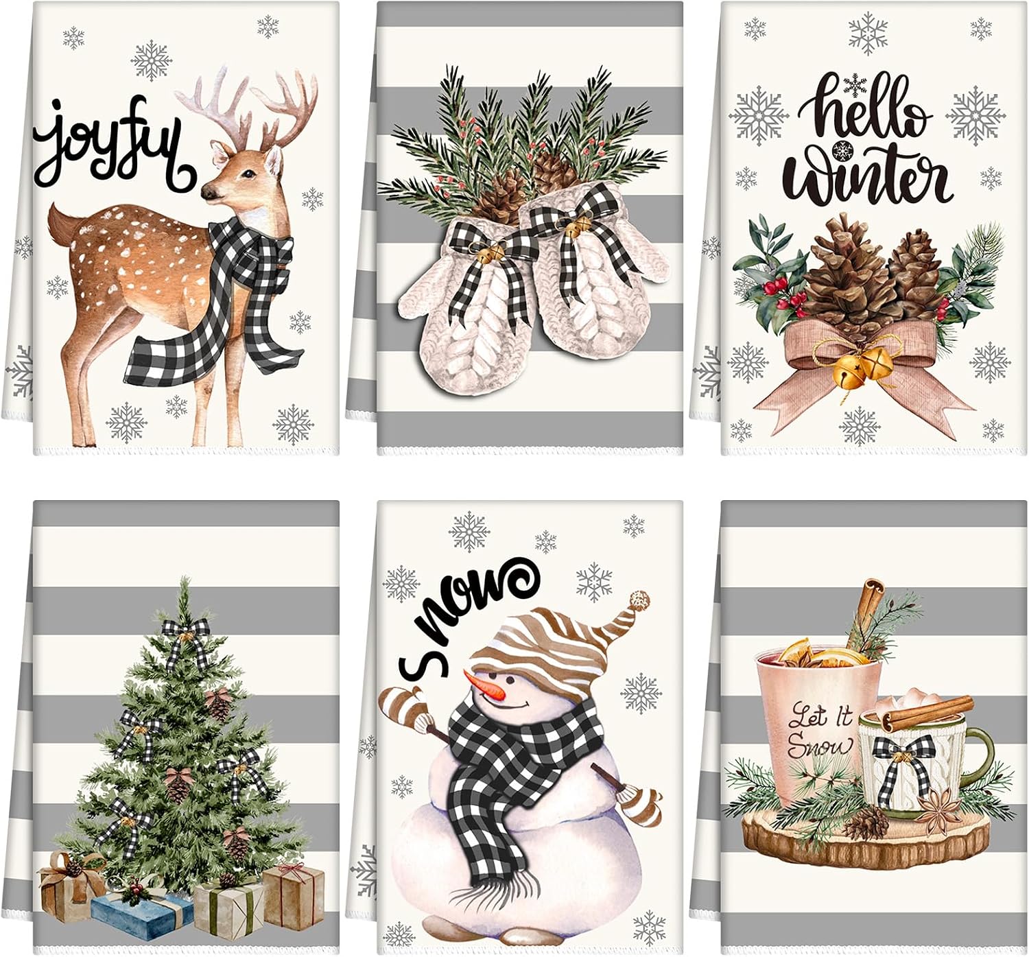6 Pcs Christmas Kitchen Towels, Winter Reindeer & Snowmen, Gray Strip