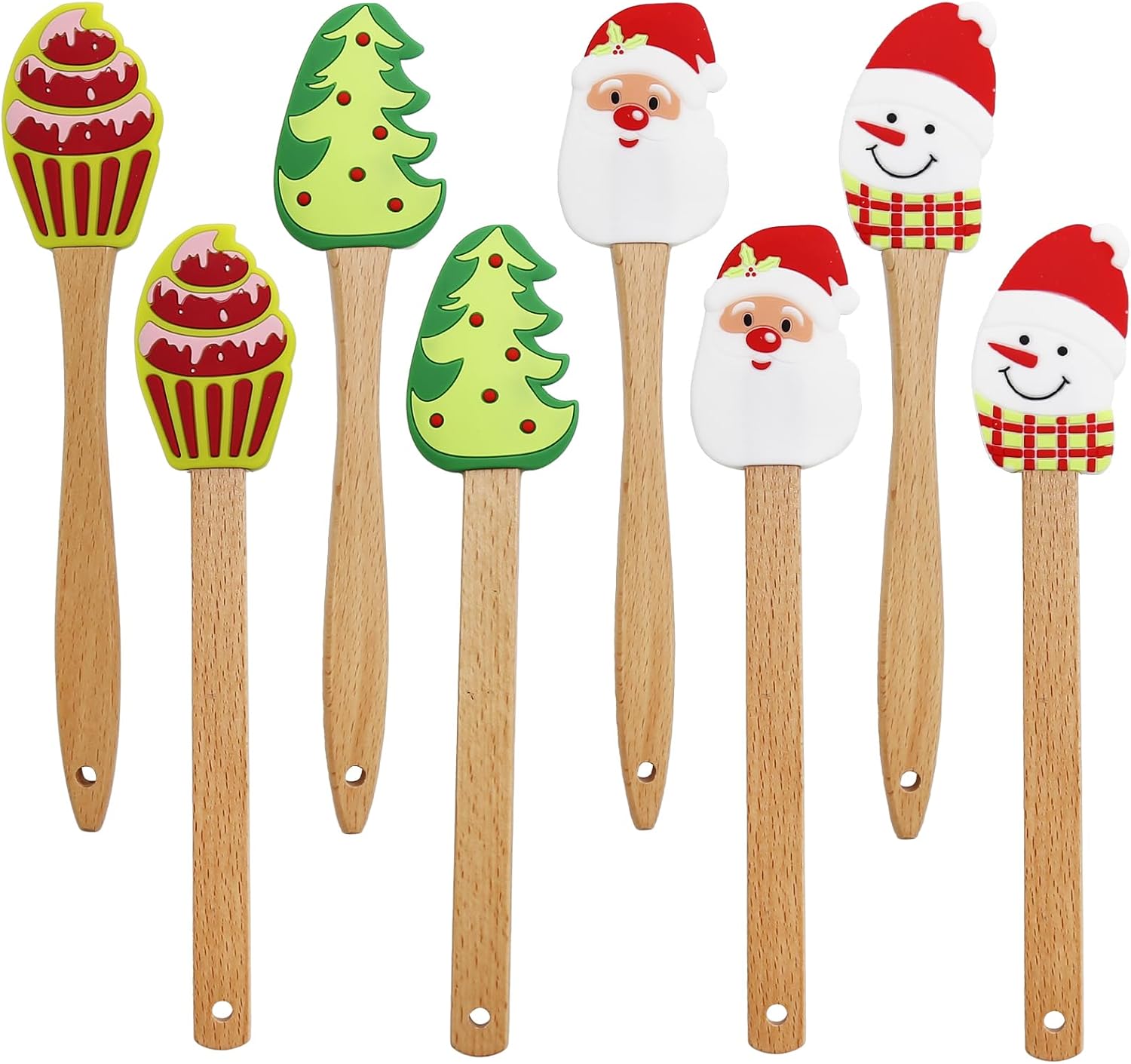 8PC Christmas Silicone Spatula Set, Santa Design Wood Handle