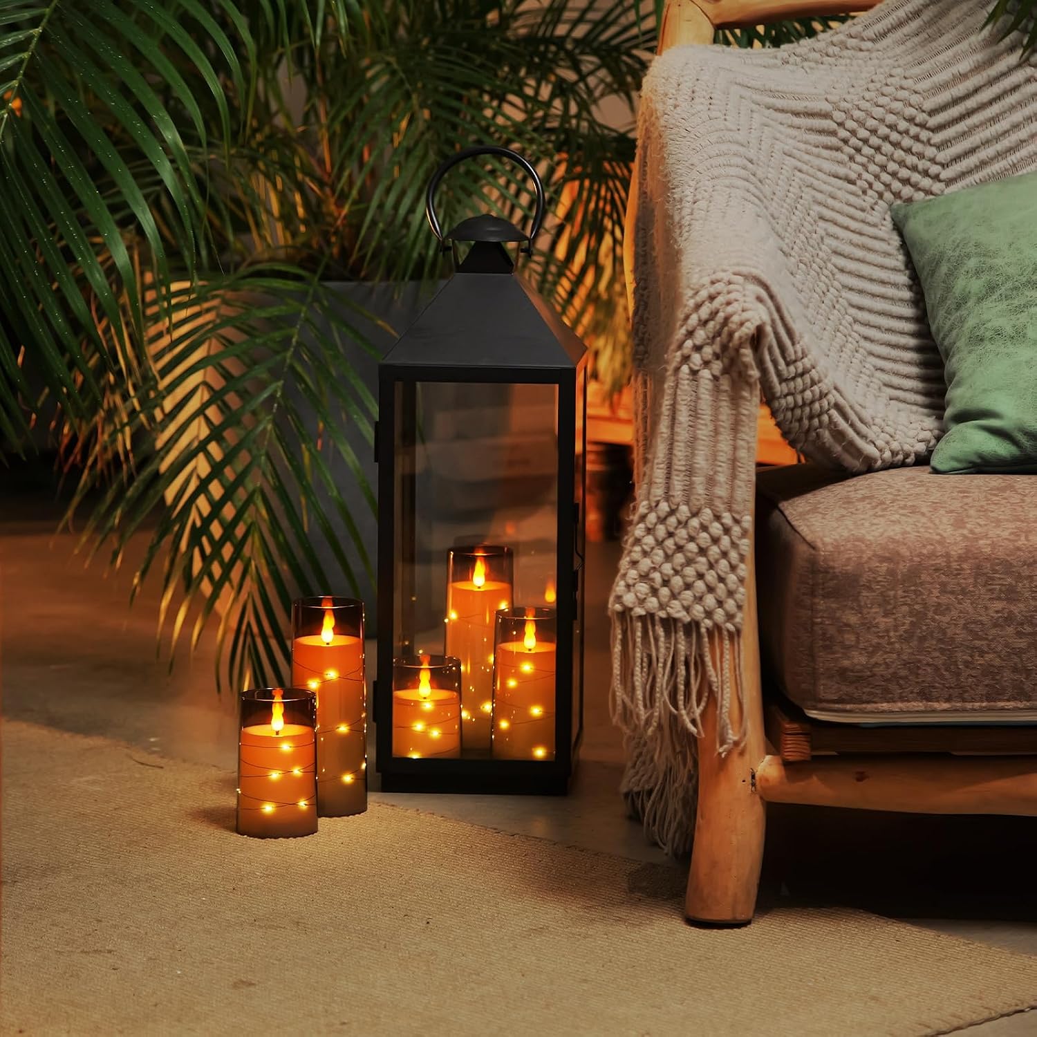 Flameless Candles with Star Fairy Lights, Gray Acrylic, Set of 5