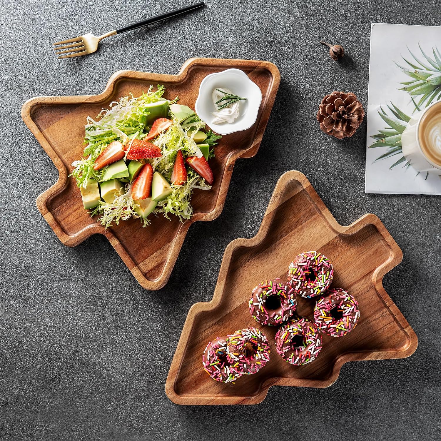 Wooden Serving Tray Set of 2, Christmas Tree Shape Platters