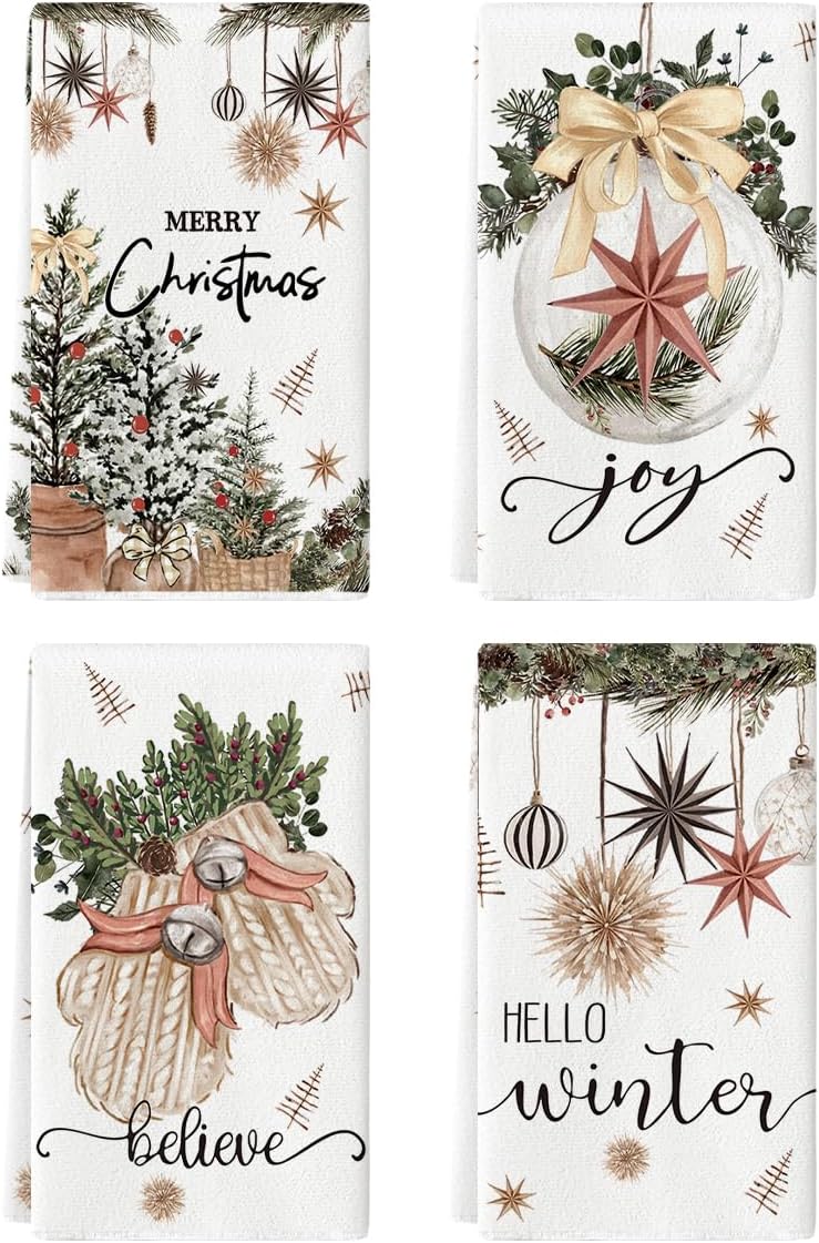 Beige Xmas Tree Kitchen Towels, Set of 4, Holiday Dish Towels