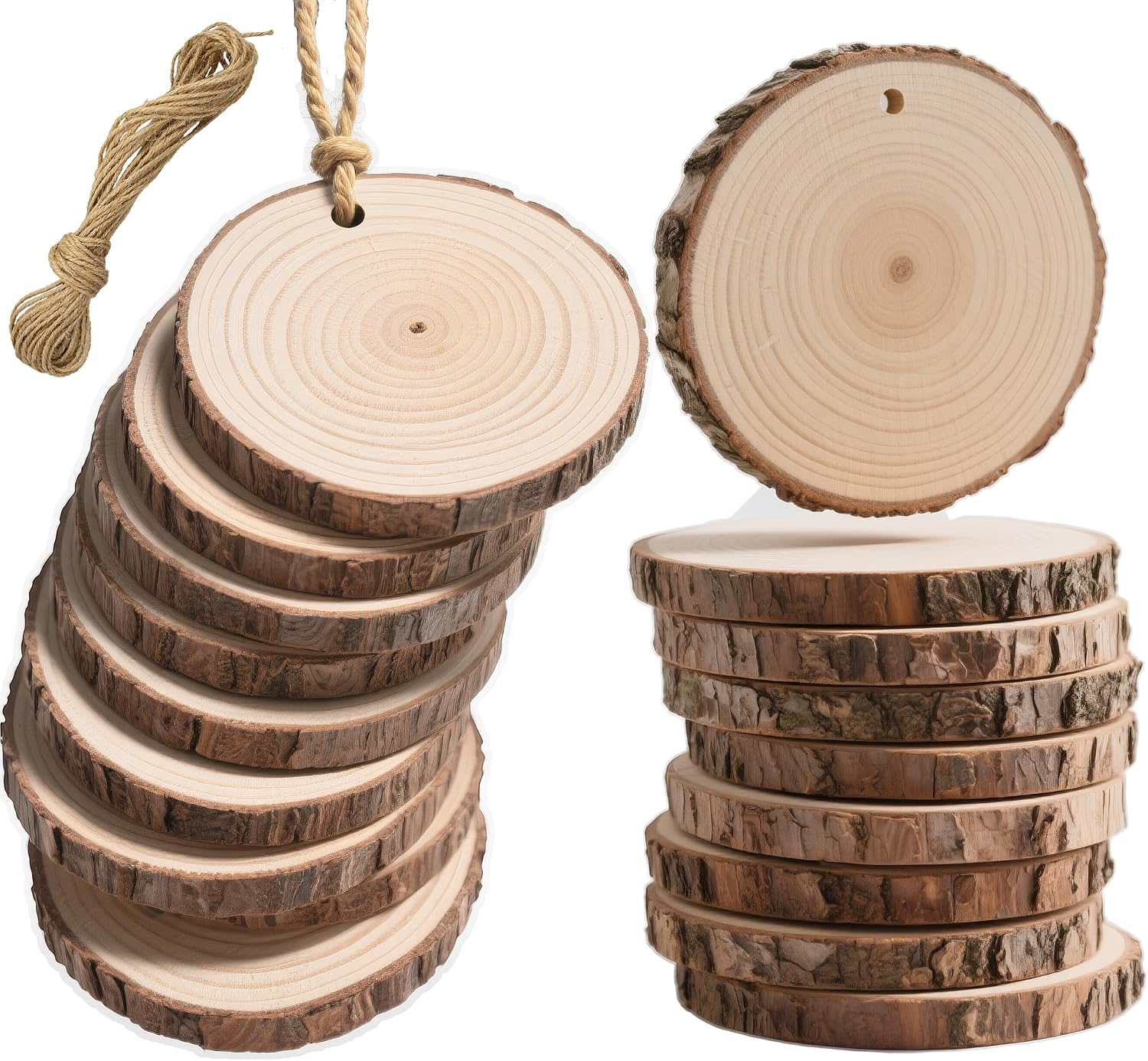 20PCS Pre-Drilled Wood Slices with Holes & Hemp Rope, DIY Ornament Craft Kit