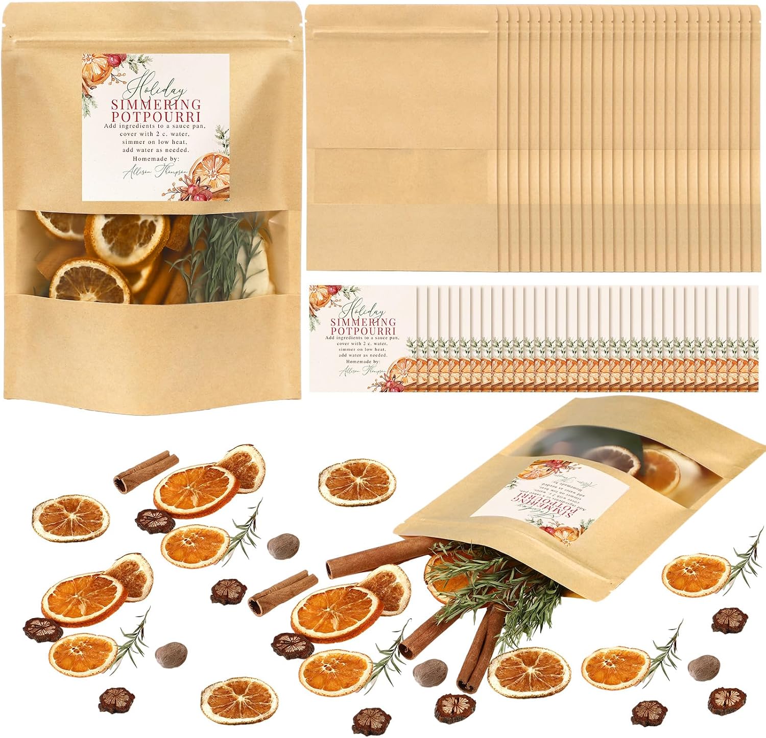 100 Pcs Christmas Potpourri Bakery Bags with Simmering Potpourri Sticker