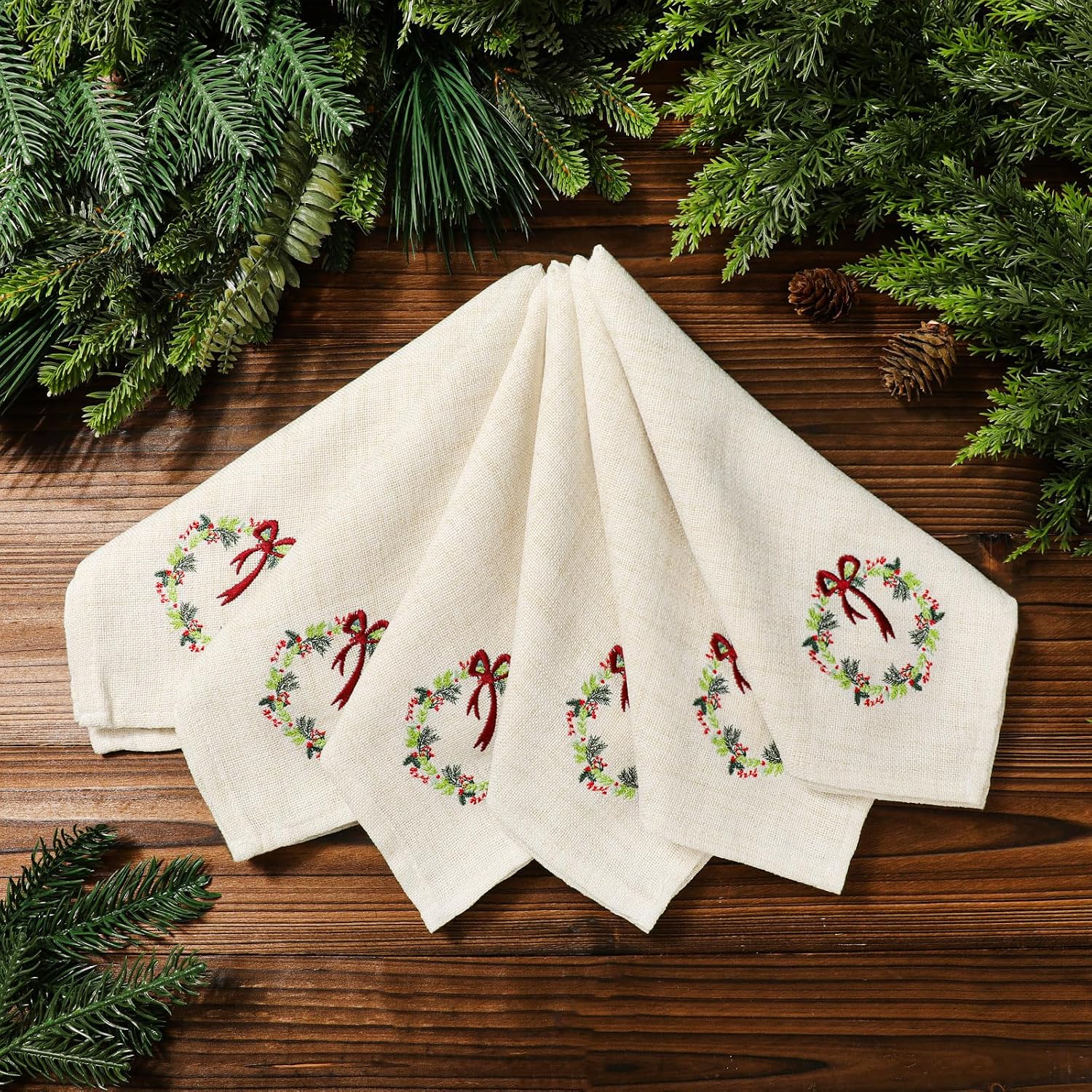 6 Pcs Christmas Cloth Napkins, Linen, 18 x 18", Embroidered Wreath
