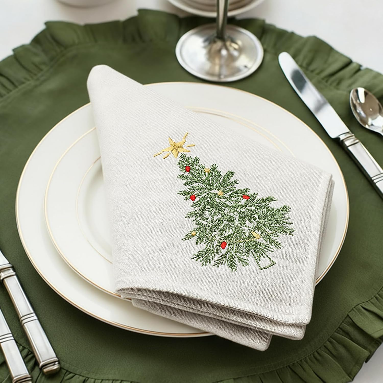 Christmas Linen Napkin Set of 4, 100% Linen, Embroidered Tree, 20"