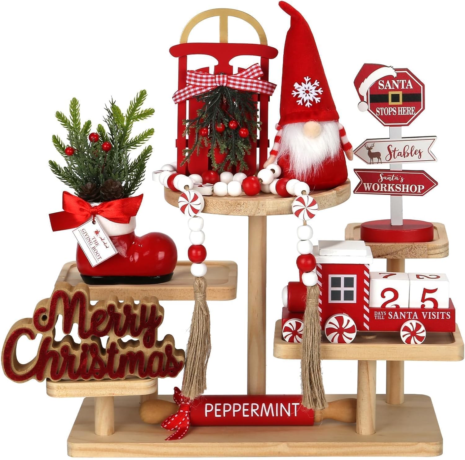 Christmas Decorations 8 PCS Tiered Tray Decor Set, Tabletop Xmas Centerpieces