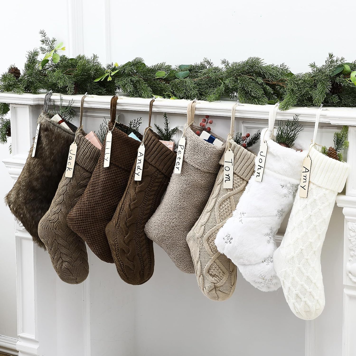 8 Pcs Neutral Christmas Stockings Set, Farmhouse Plush & Knitted