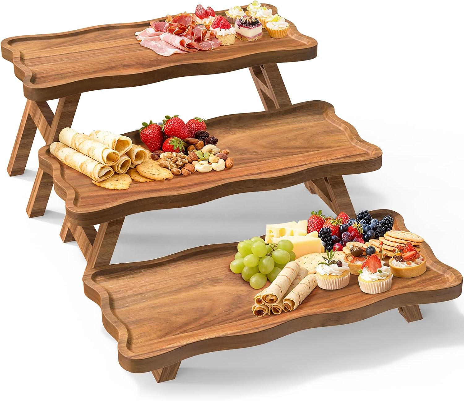 Acacia Wood 3 Tier Cupcake Stand, Foldable Dessert Display Set