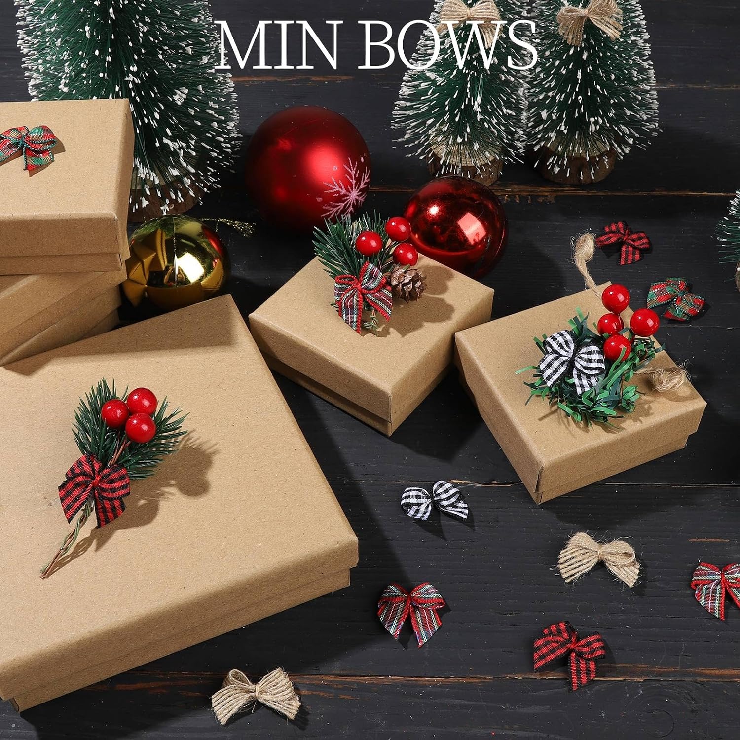 100 PCS Mini Christmas Buffalo Plaid Bows for Crafts & Gift Wrapping