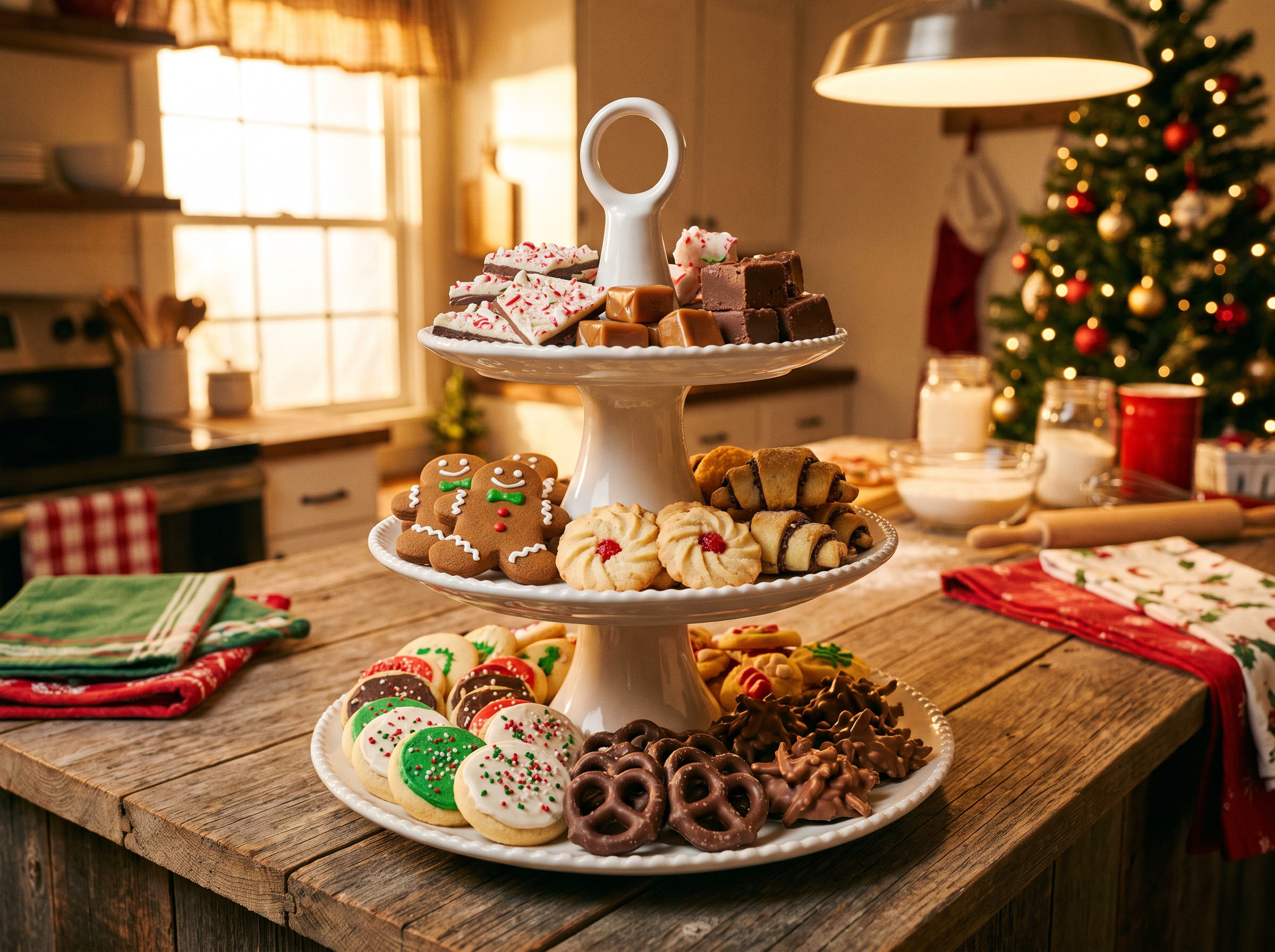 A tiered stand of homemade Christmas candies, fudge and cookies