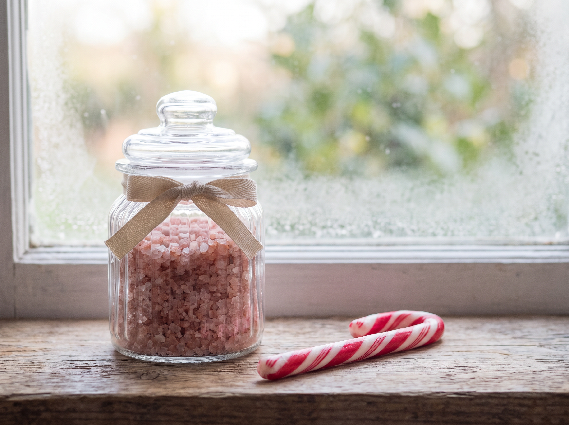 A jar of pink bath salts beside a candy cane on a window sill