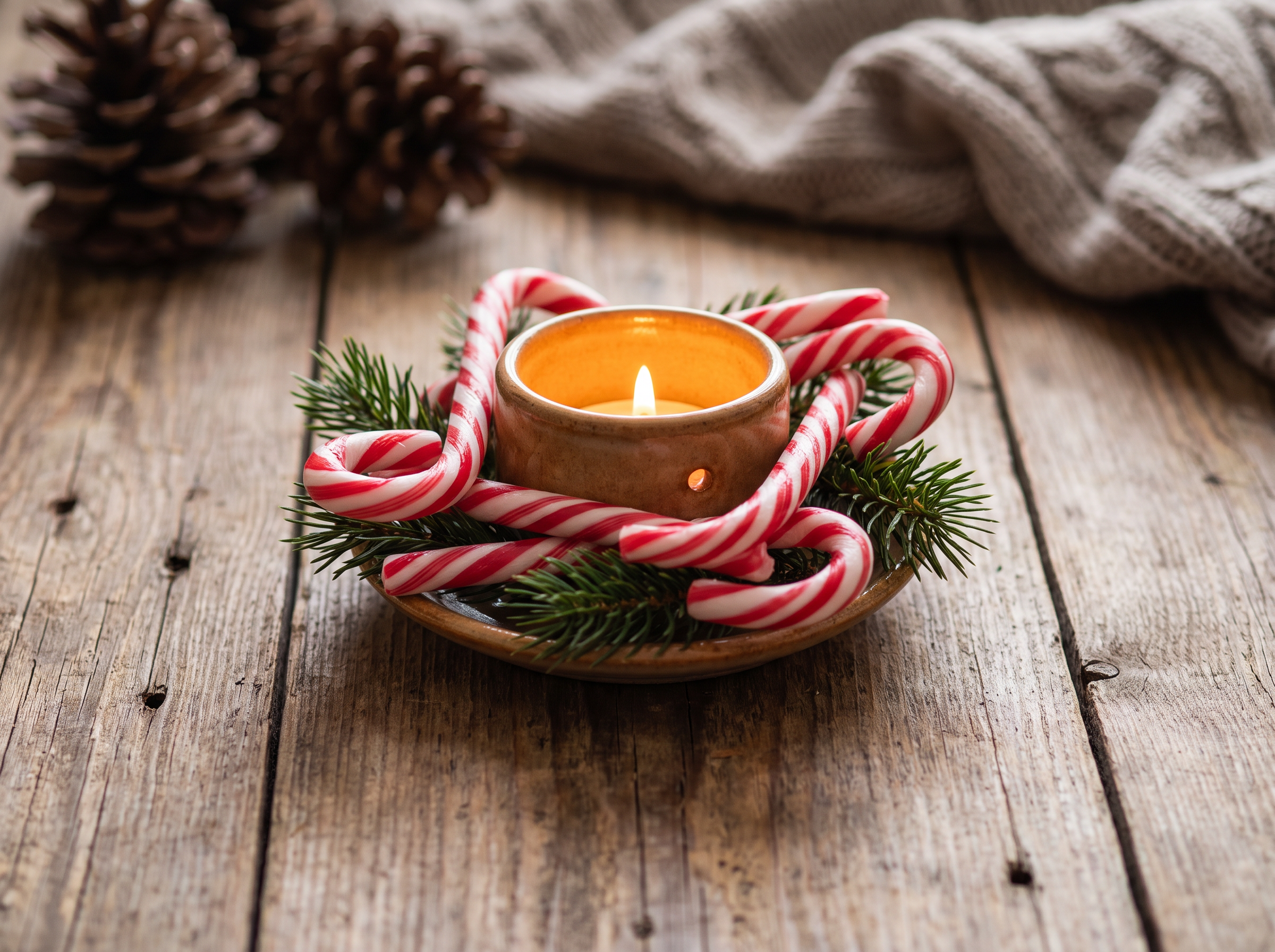 A candle holder ringed with candy canes and pine sprigs