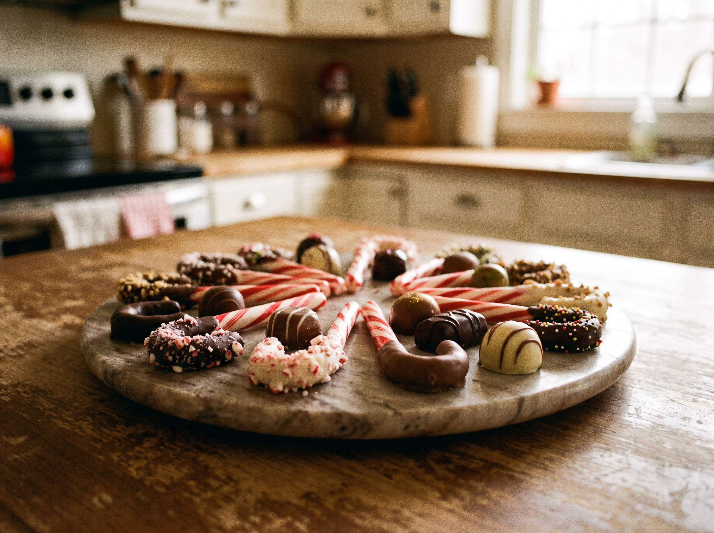 Chocolate-dipped candy canes rolled in crushed nuts on a marble plate