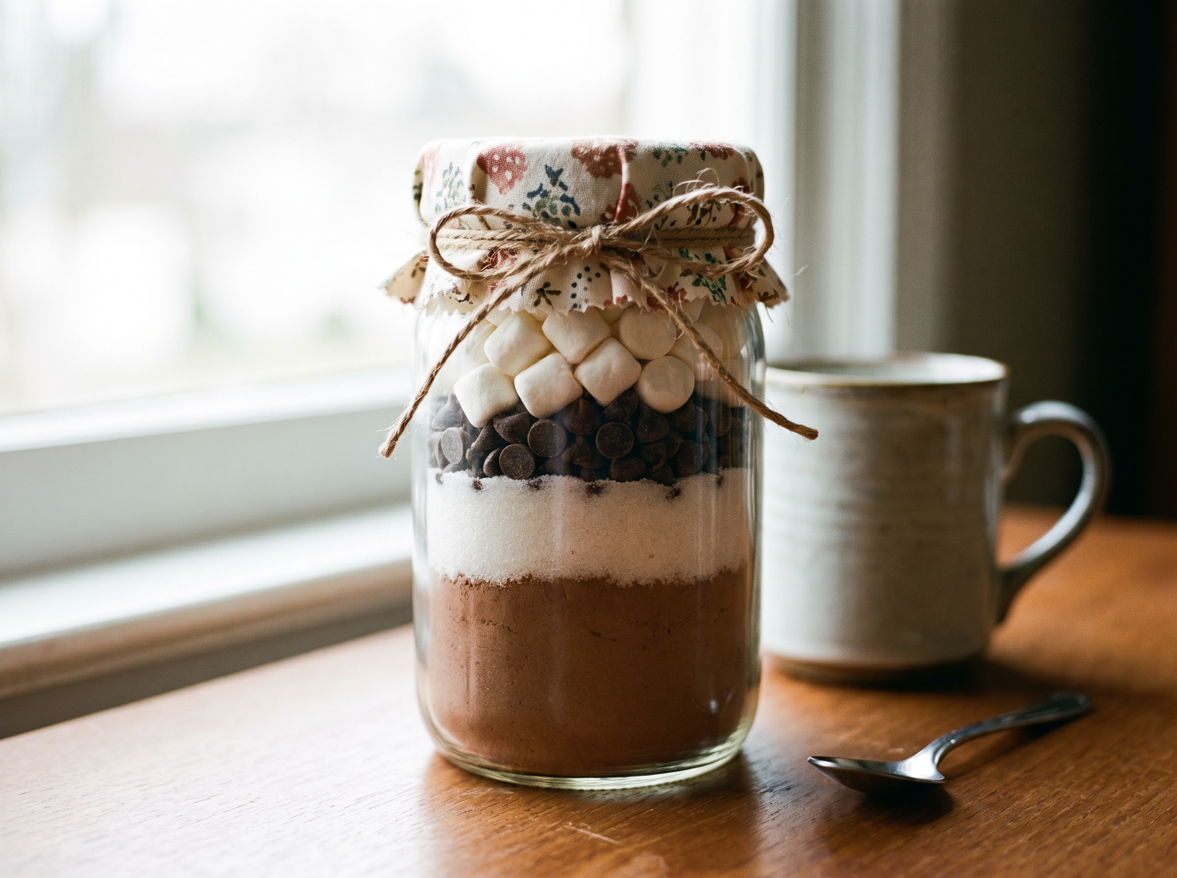 A layered cocoa mix jar tied with fabric and twine