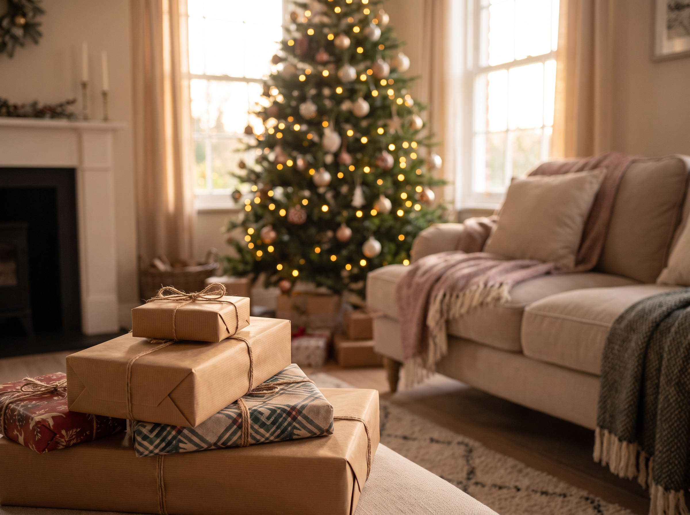 A living room with wrapped gifts and a lit Christmas tree