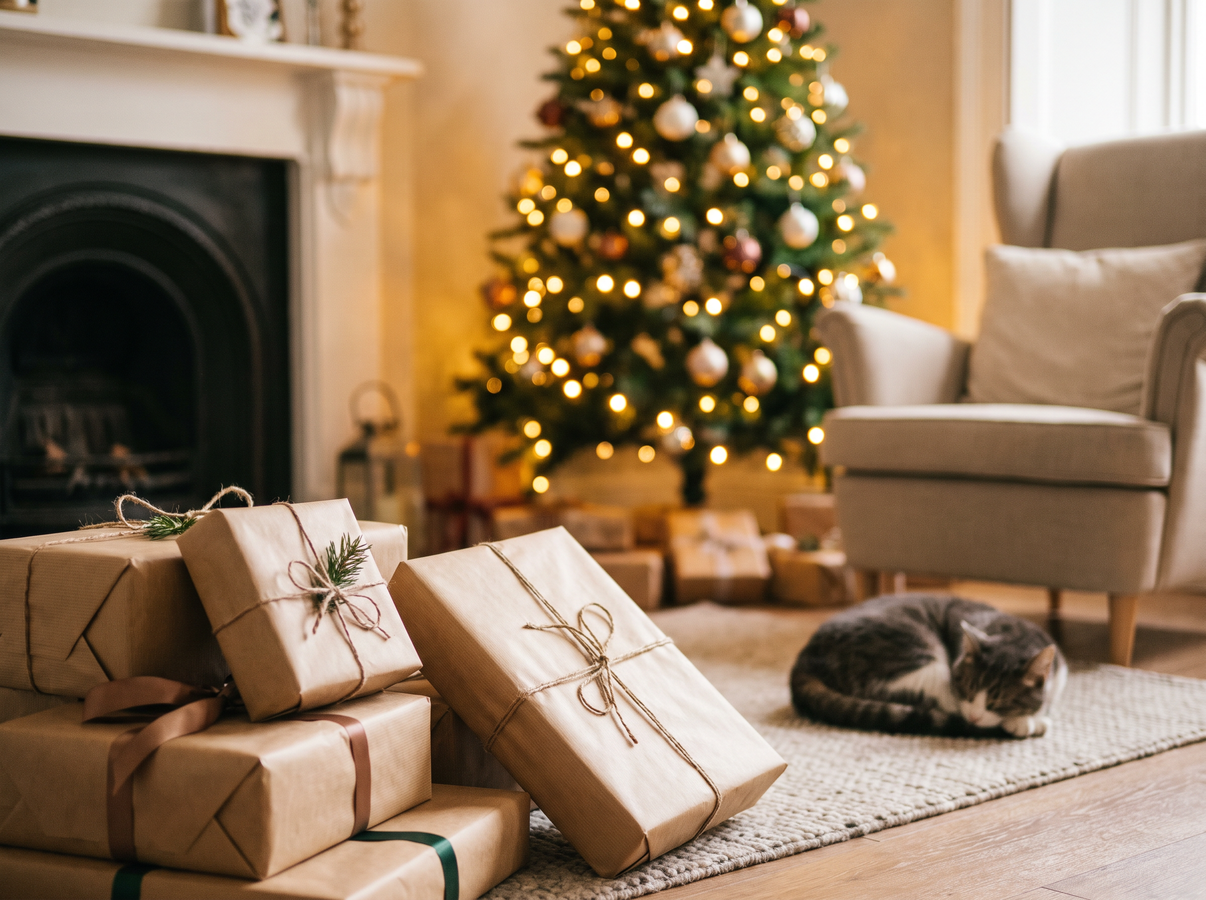 A cozy living room with wrapped gifts and a lit Christmas tree