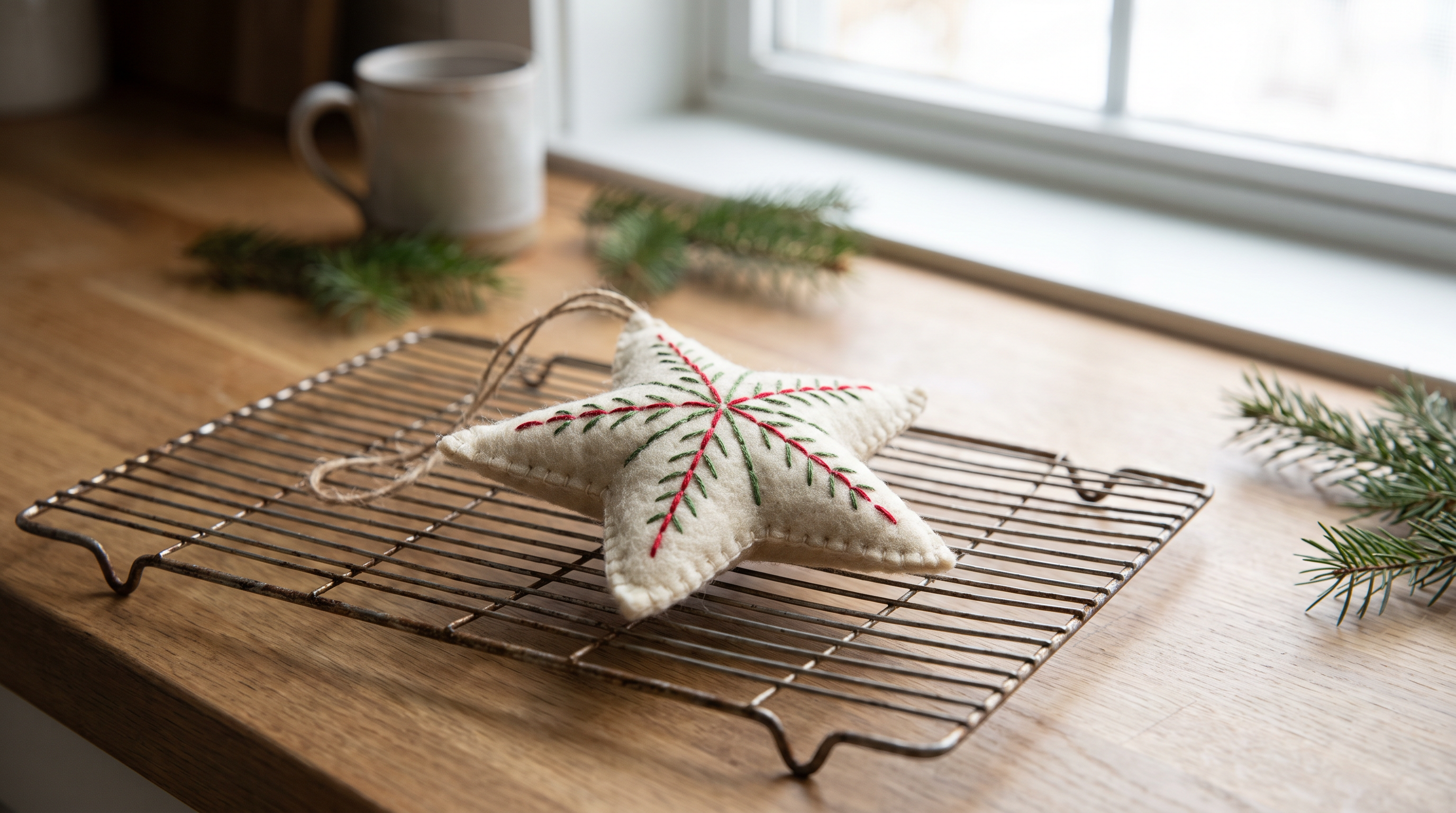 A felt embroidered star ornament on a wire cooling rack