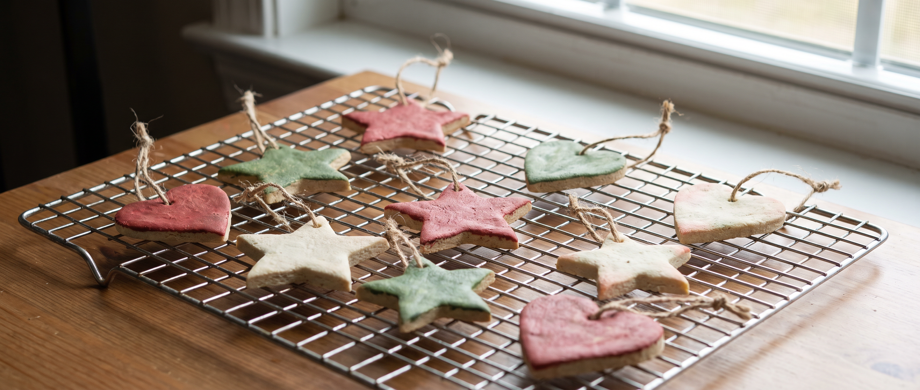 Salt-dough star and heart ornaments cooling on a wire rack