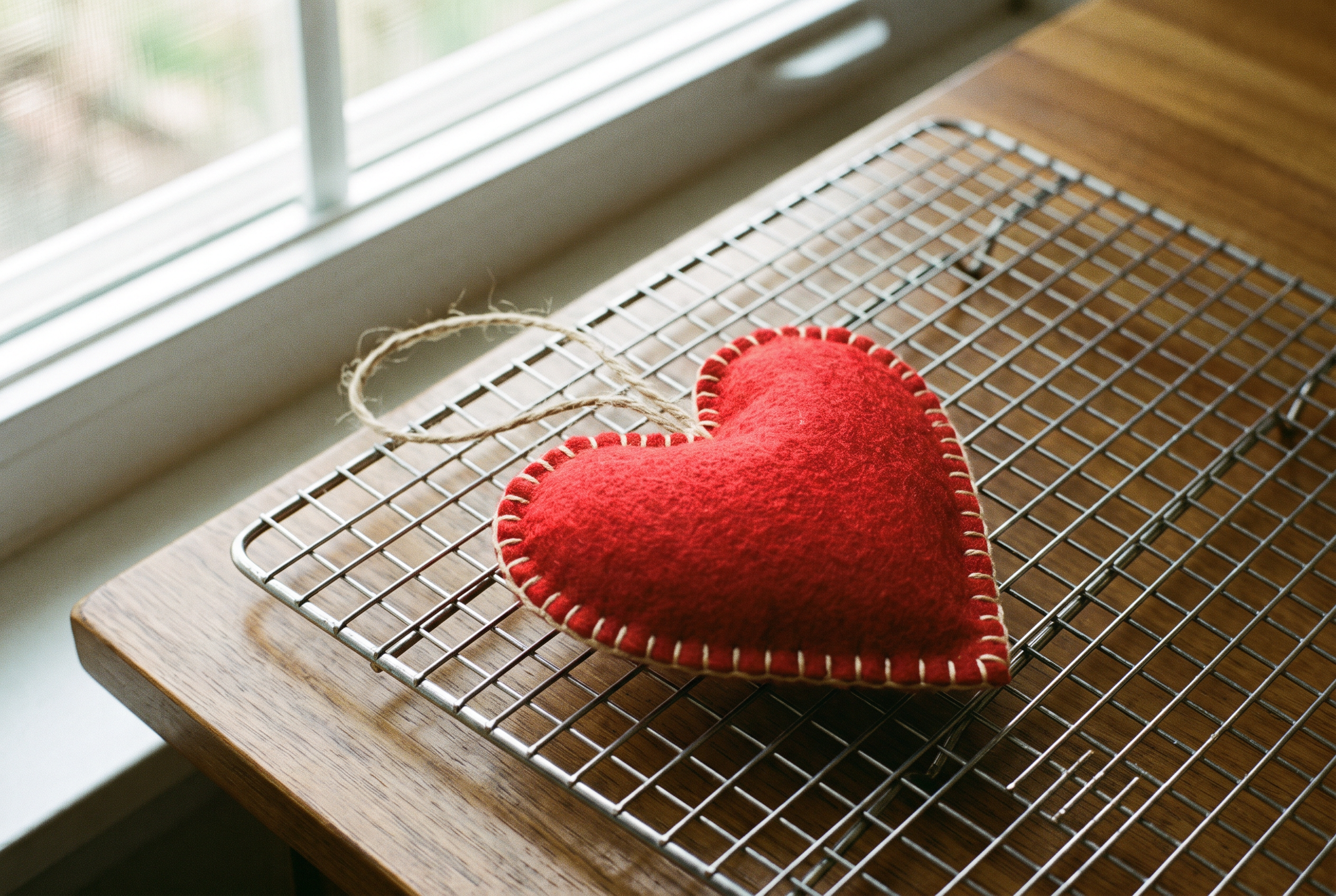 A felt heart ornament on a cooling rack