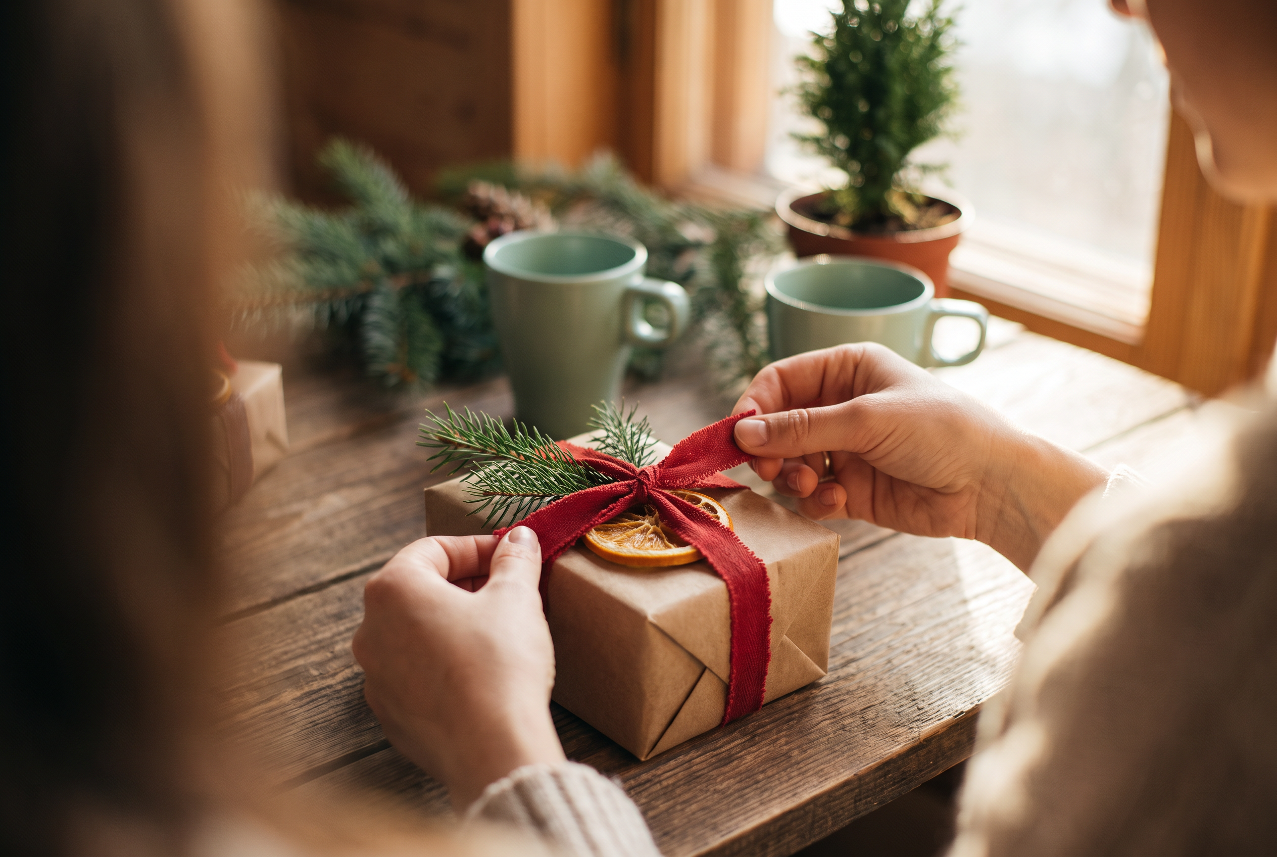 Wreath-making supplies: pine boughs, ribbon, pinecones and twine