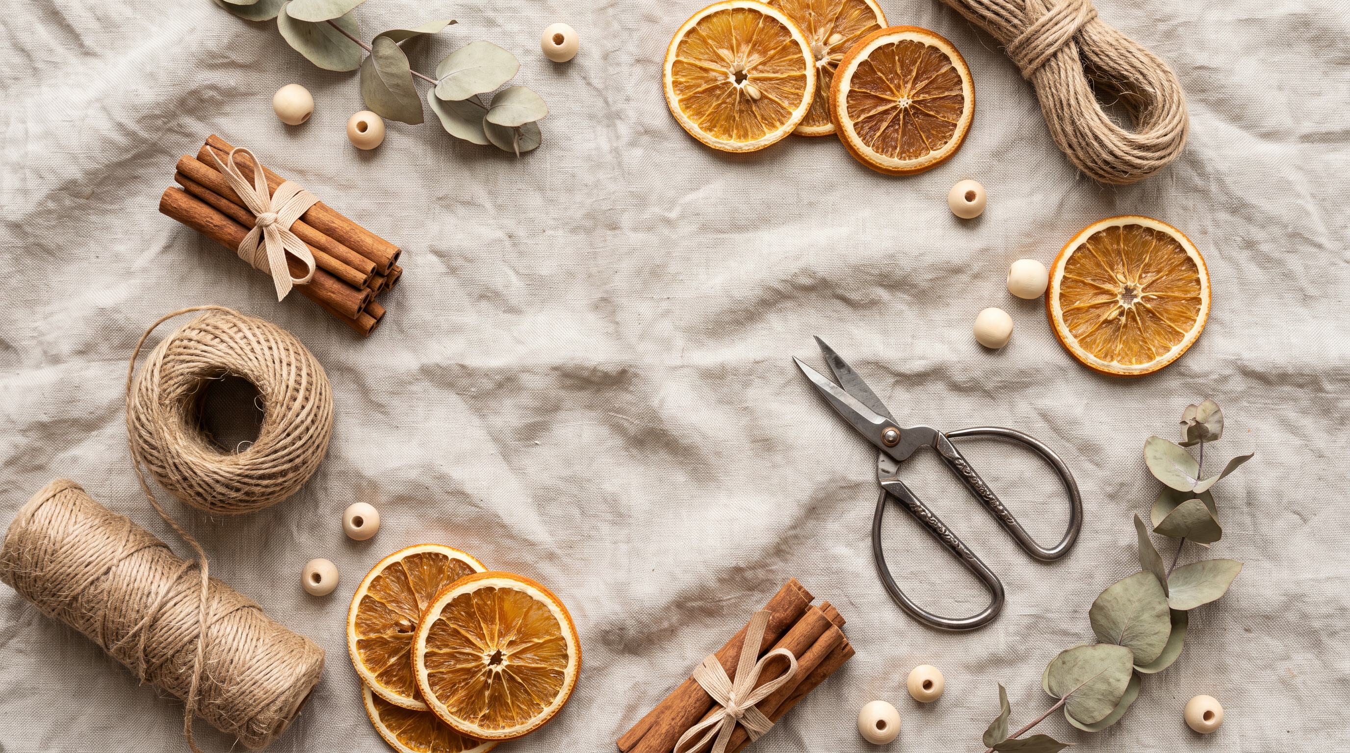 Twine, cinnamon sticks and dried orange slices for a craft