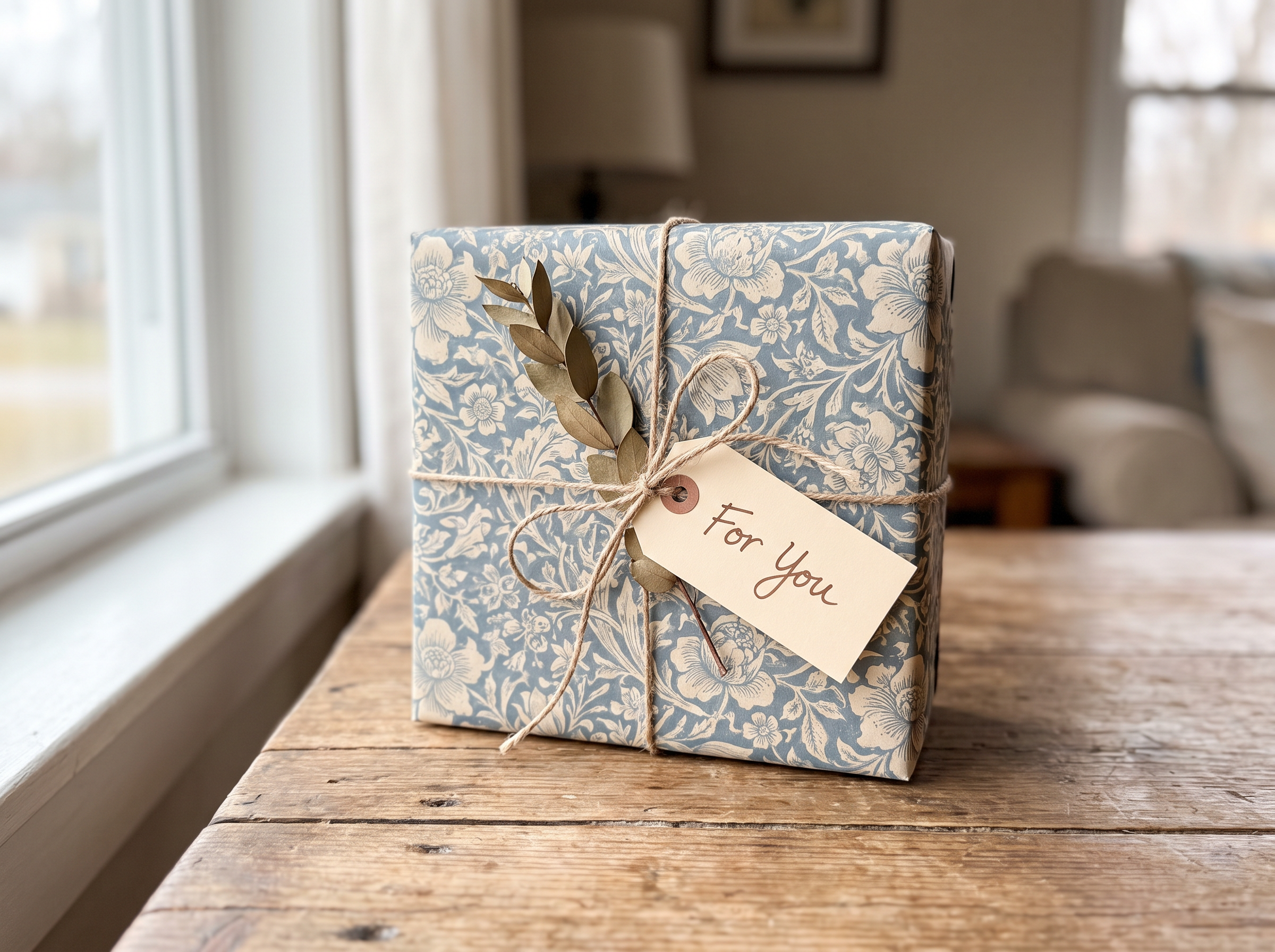 A carefully wrapped gift box with a personalized tag