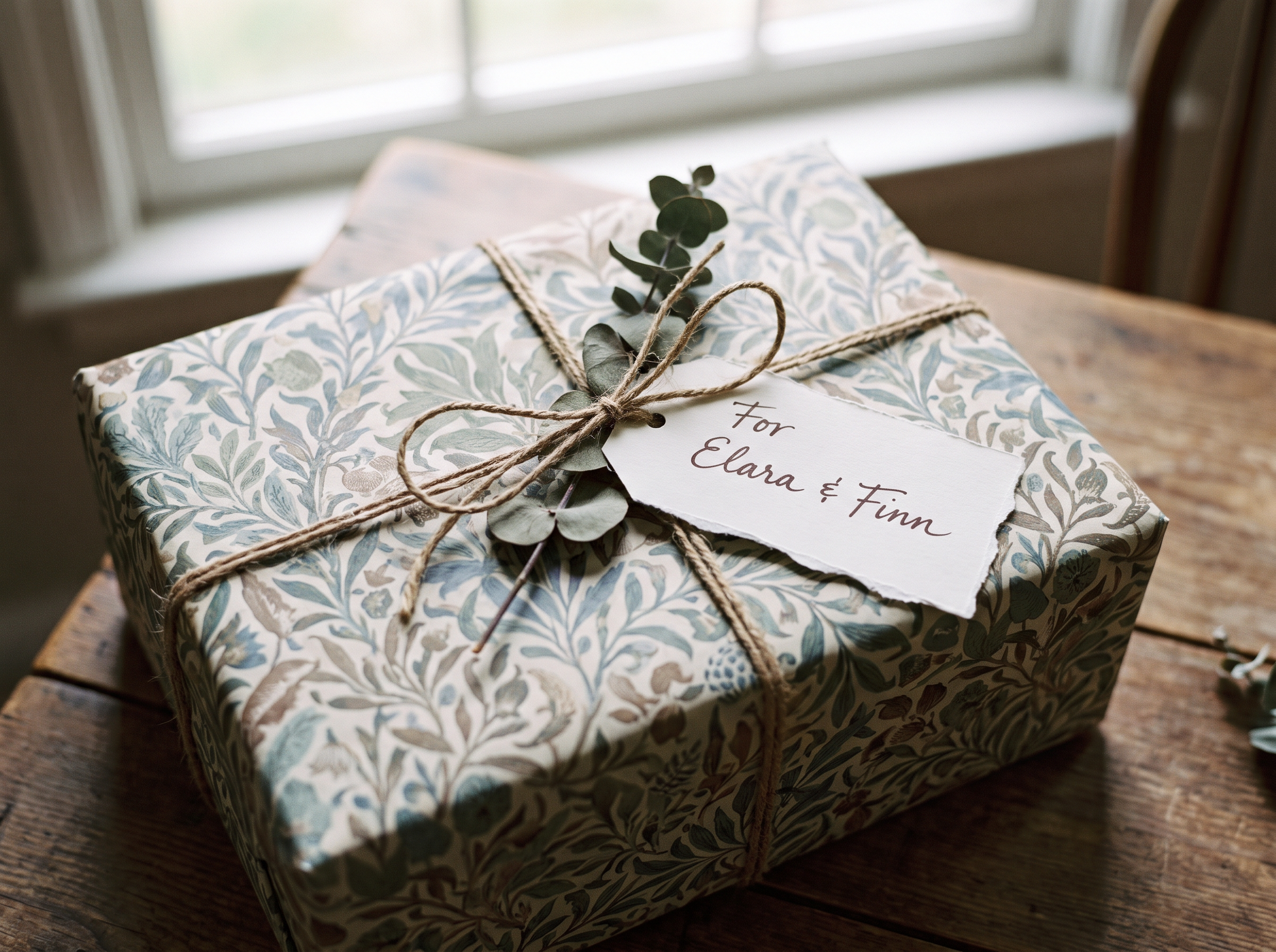 A wrapped gift with a handwritten gift tag