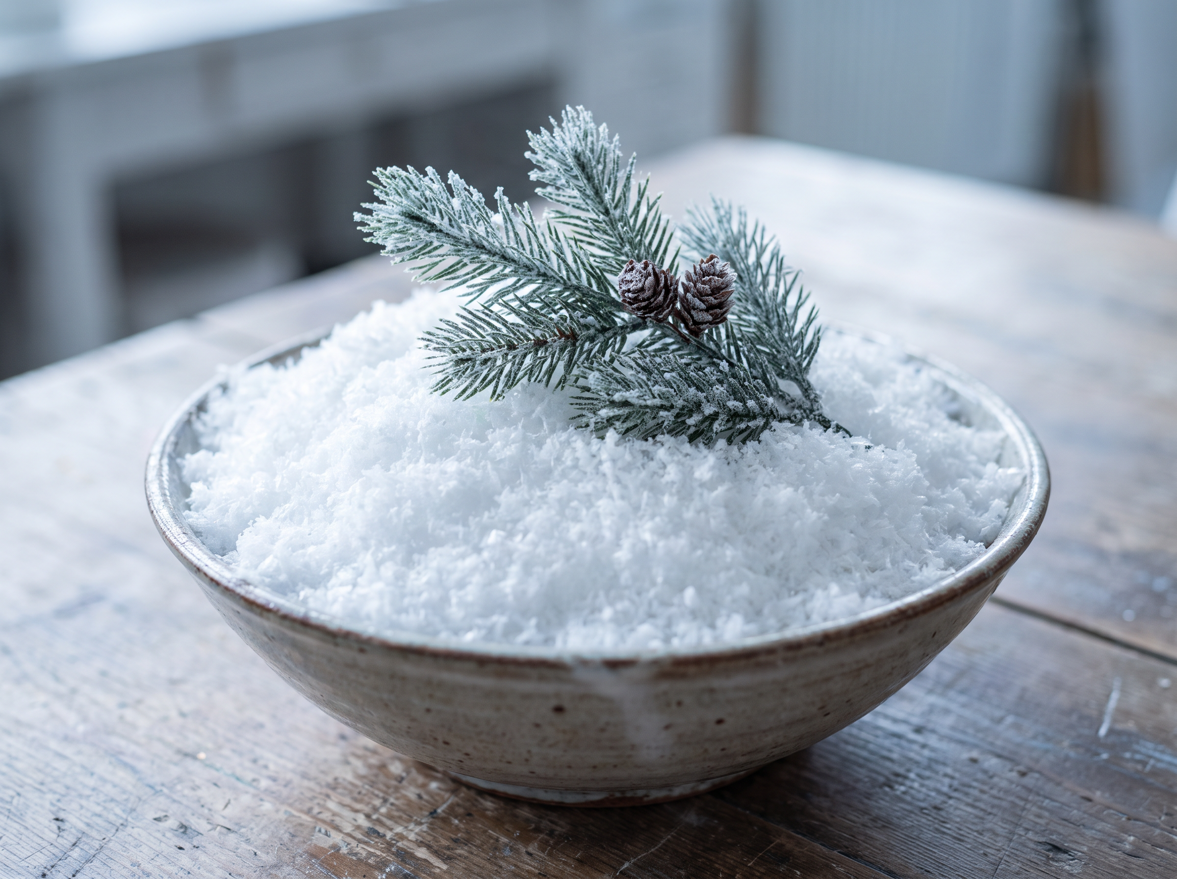 A close-up of a frosted pine sprig in snow