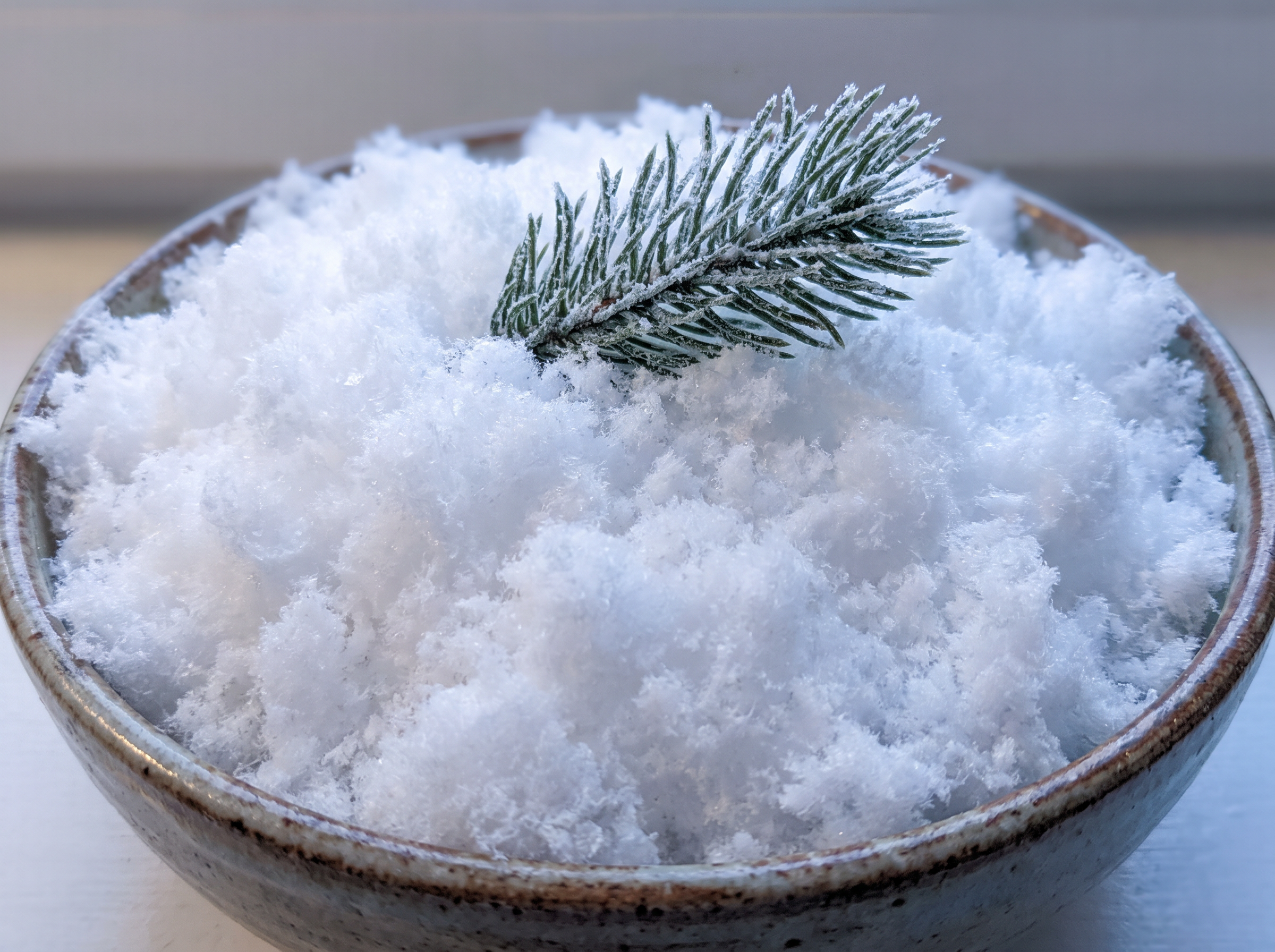 A bowl of fake snow with a frosted pine sprig