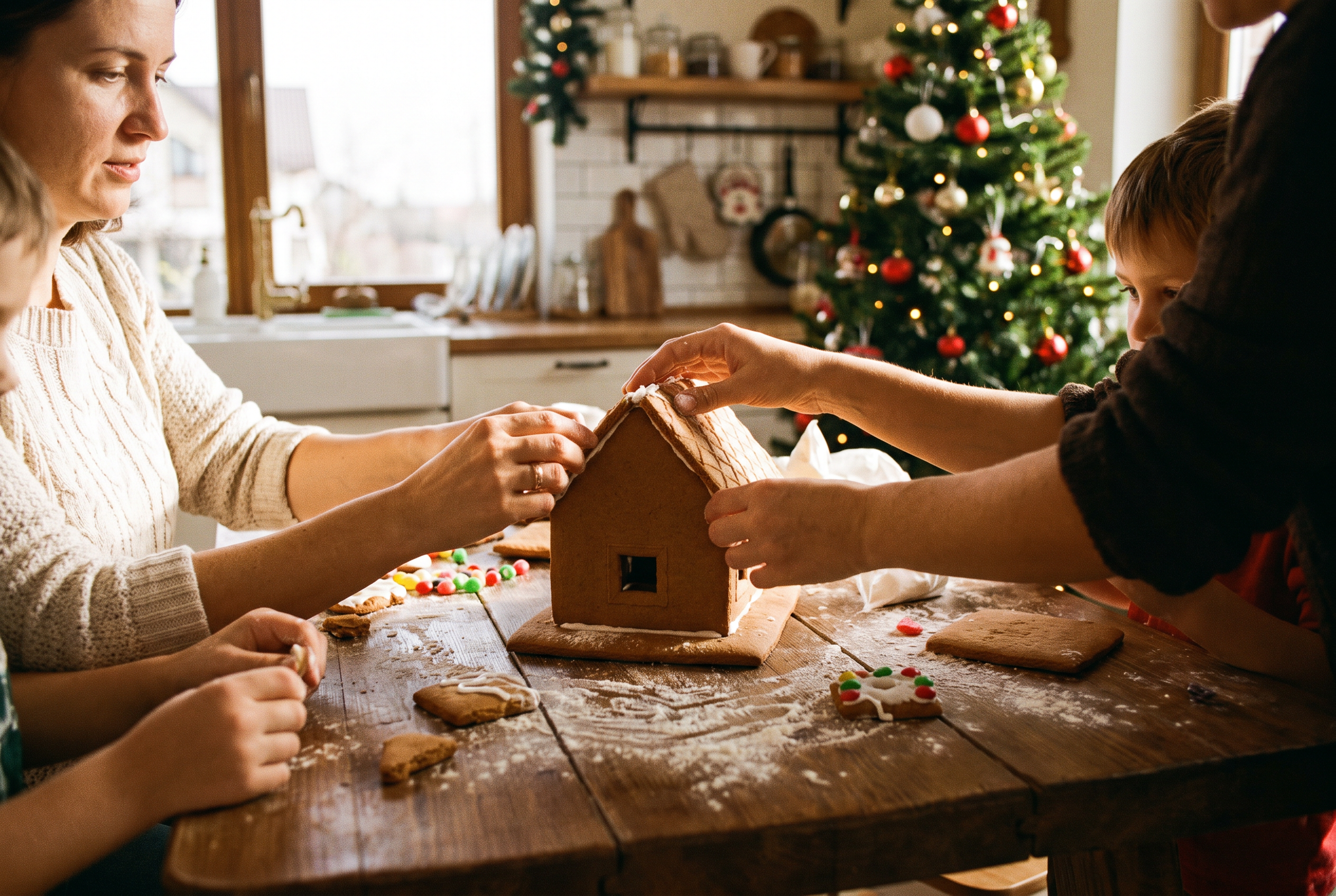 A family decorating a gingerbread house together