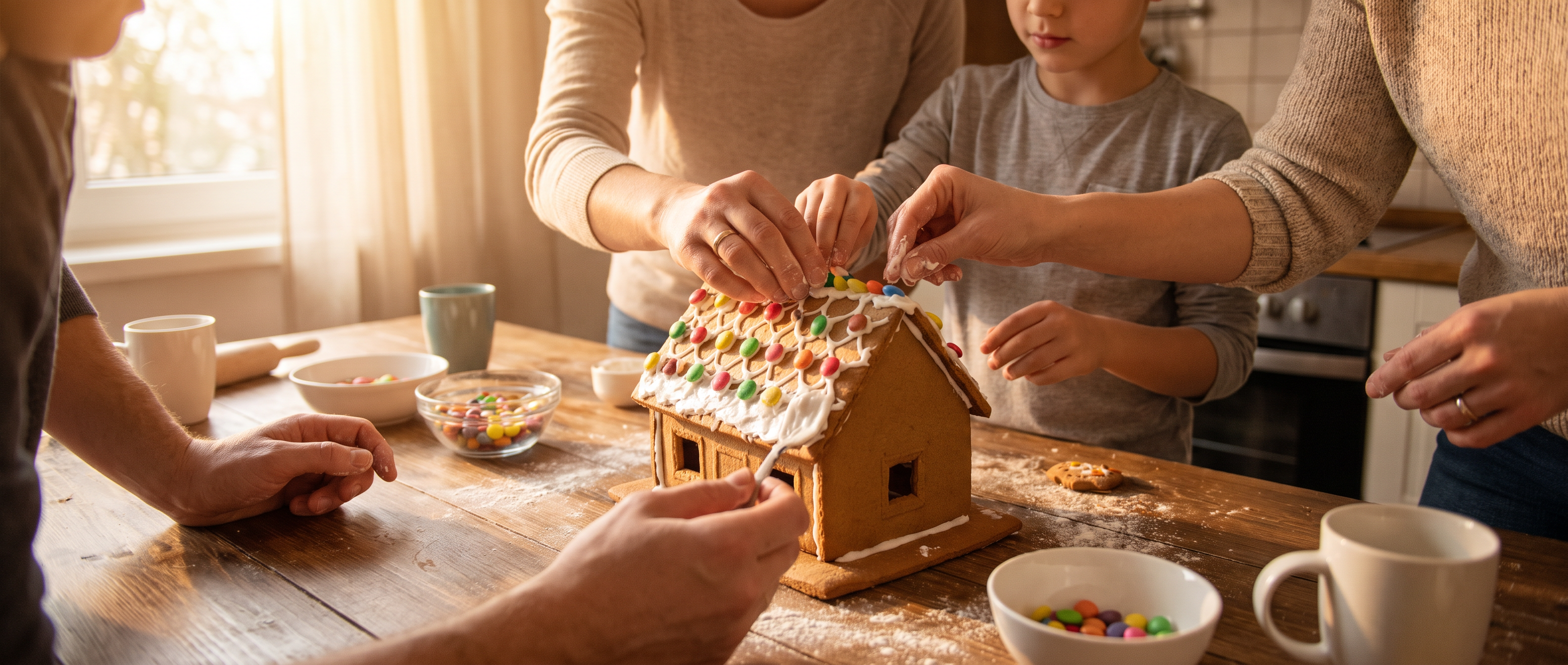 A mother and children decorating a gingerbread house at the kitchen table