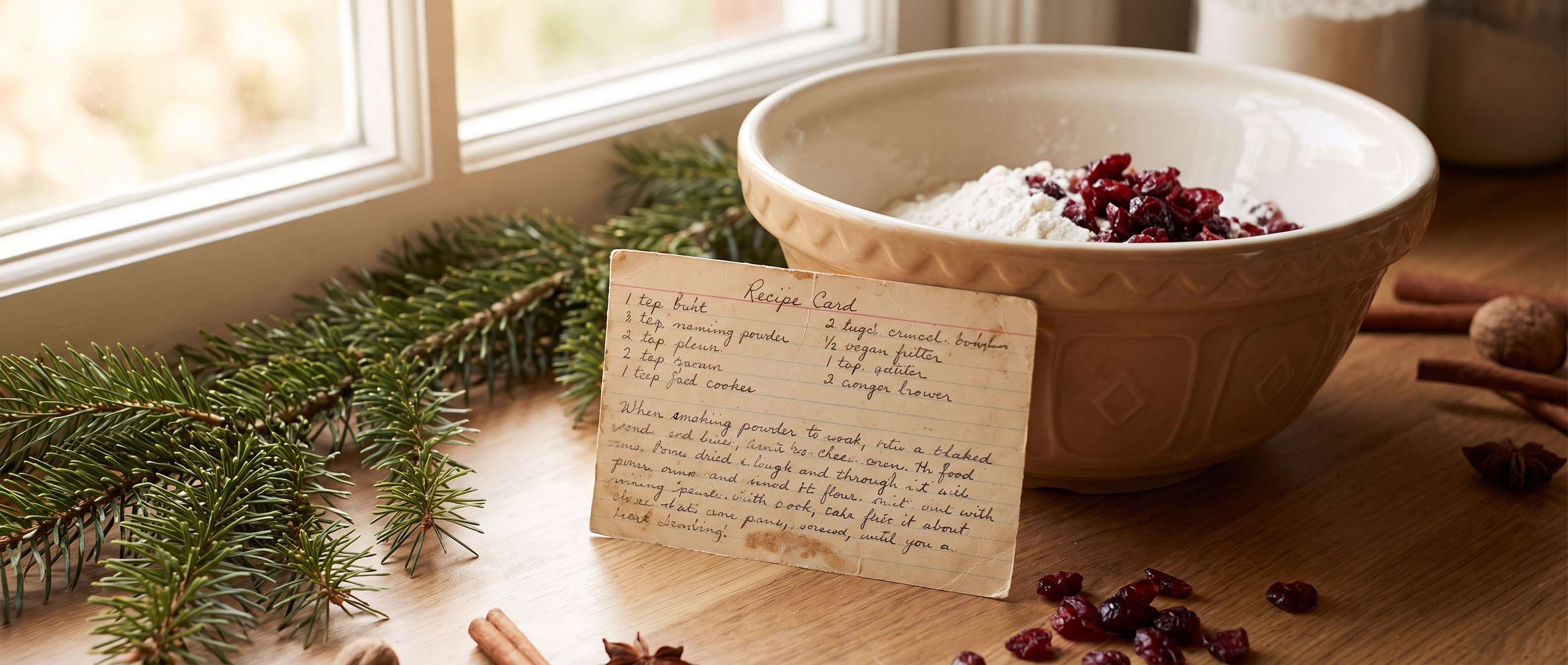 A vintage recipe card with cranberries beside a mixing bowl by a window