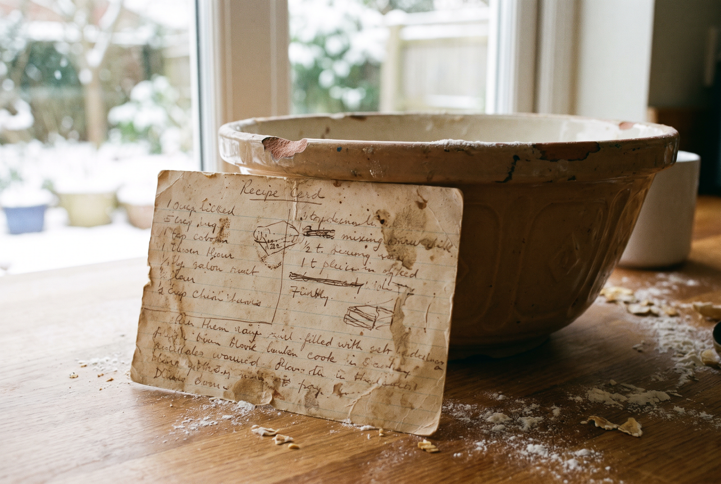 A worn vintage recipe card beside a mixing bowl