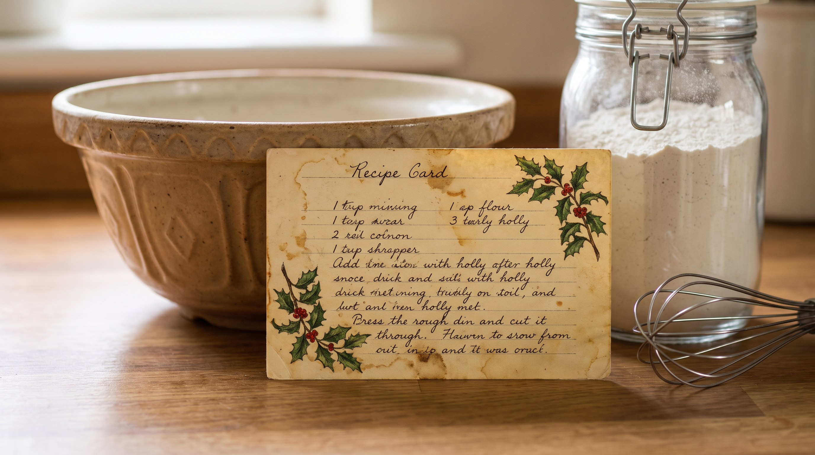 A vintage handwritten recipe card beside a mixing bowl and flour jar