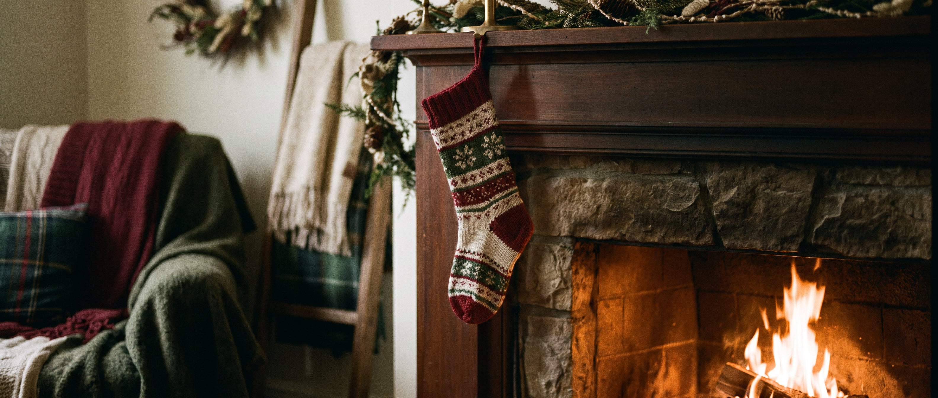 A knit stocking hanging by a lit fireplace with pine garland