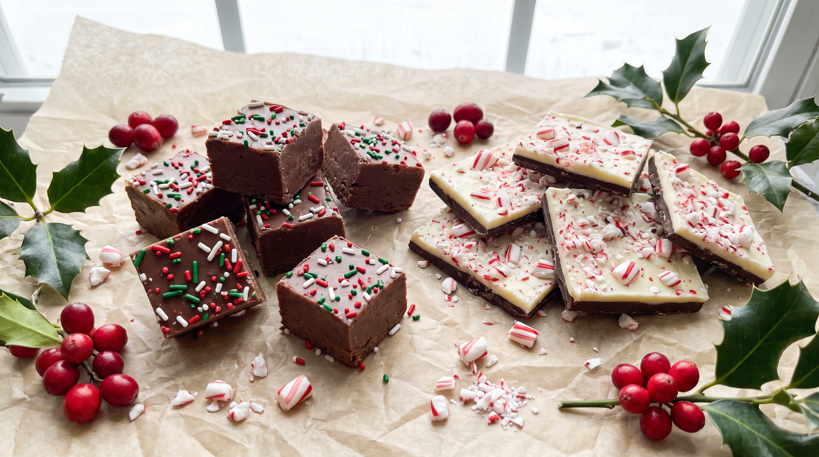 Chocolate fudge squares and peppermint bark on parchment with holly and cranberries