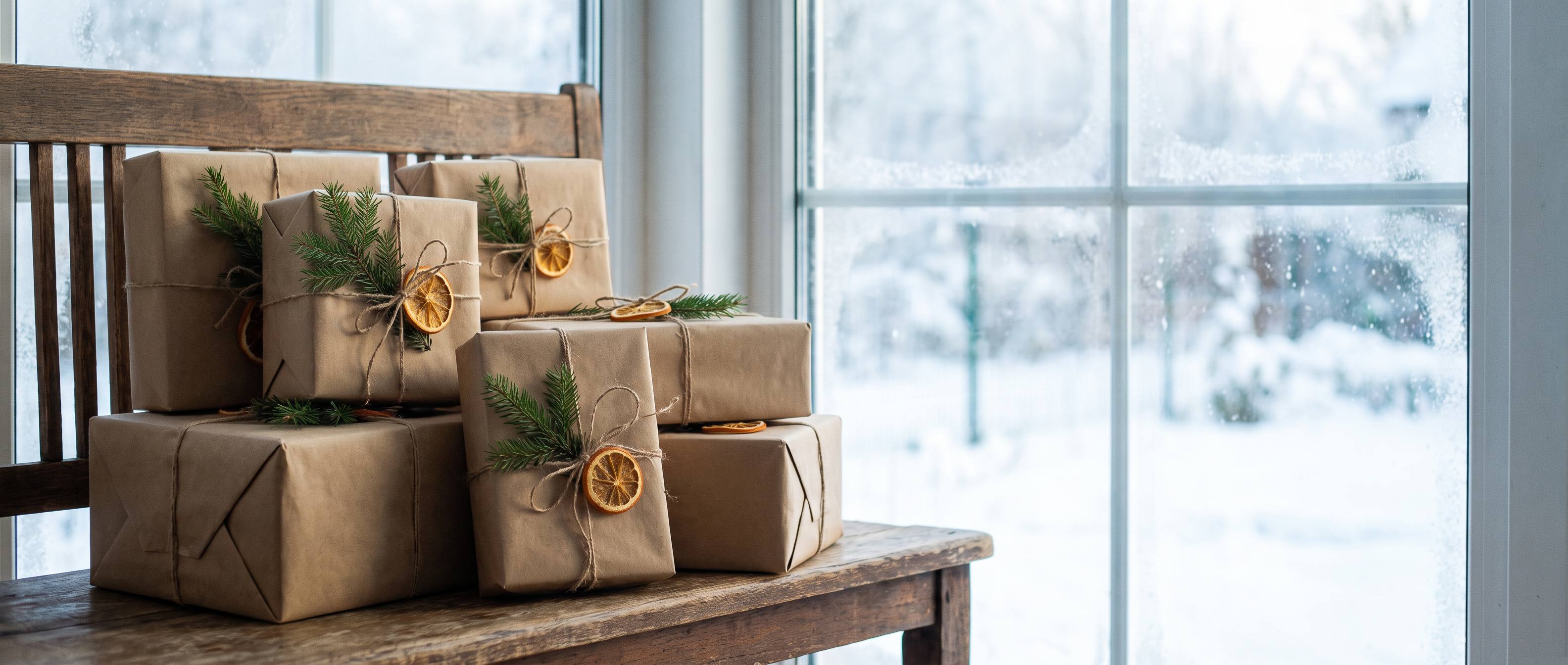 Wrapped gifts on a wood table by a window