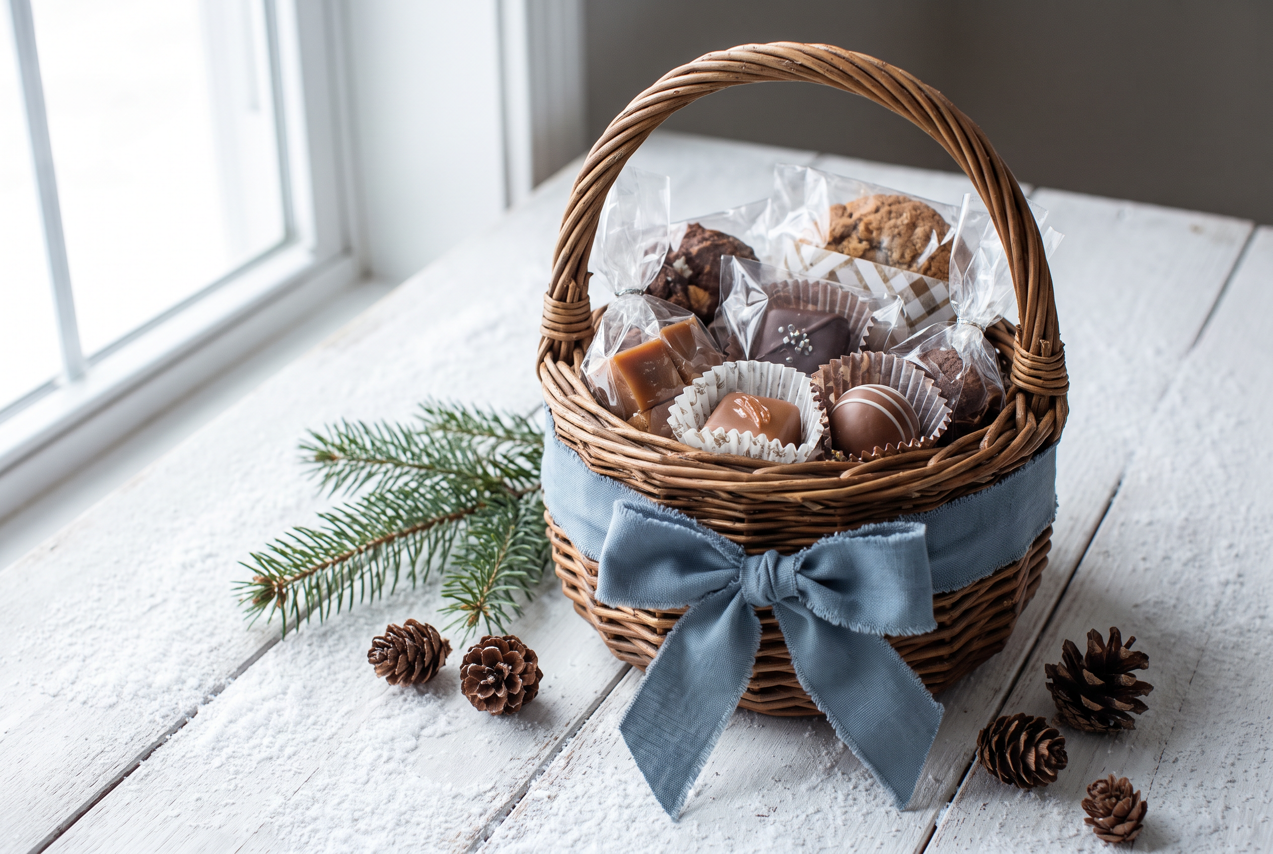 A gift basket of wrapped treats tied with a blue ribbon