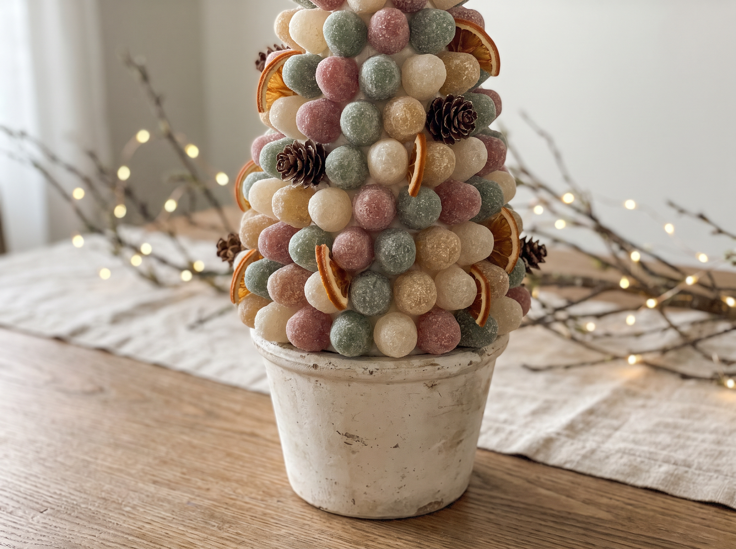 A cone-shaped candy centerpiece covered in colorful gumdrops