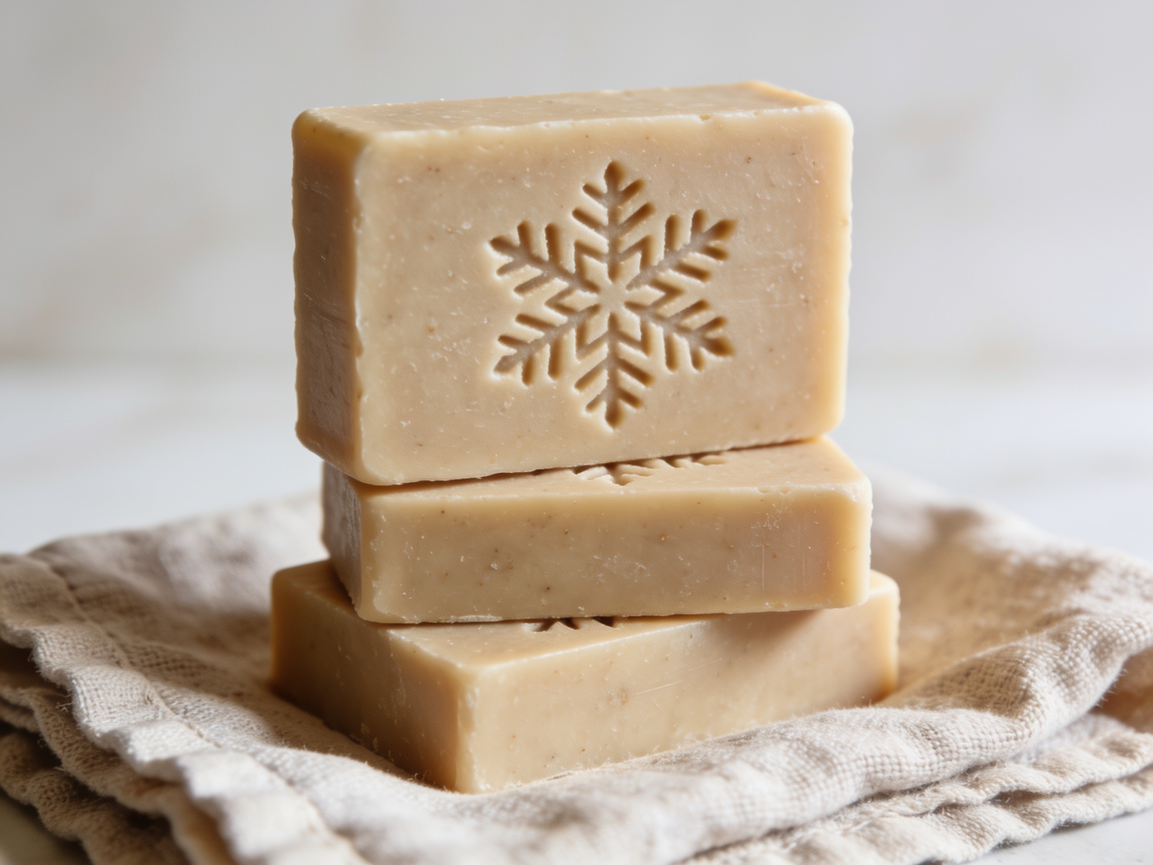 Handmade soap bars stamped with a snowflake design on a linen towel