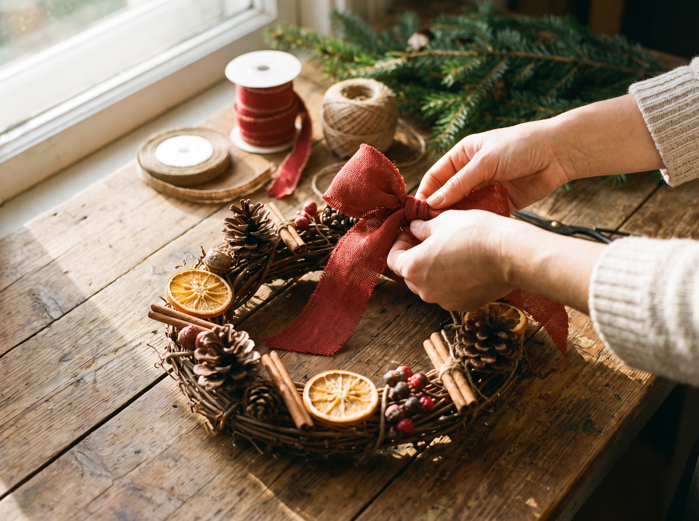 Hands tying a ribbon bow on a rustic wreath craft