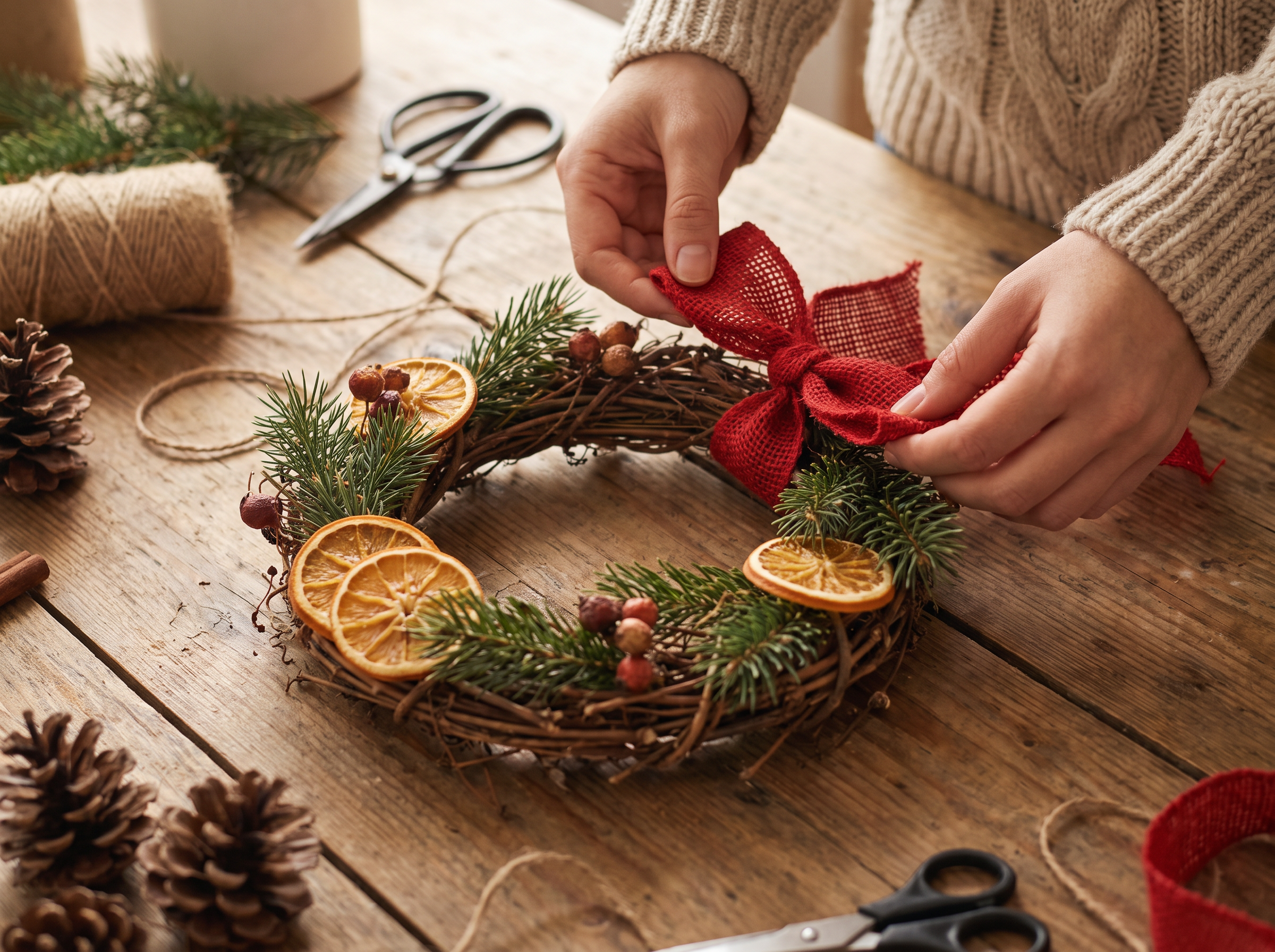 Hands tying a red bow onto a handmade wreath with dried orange slices