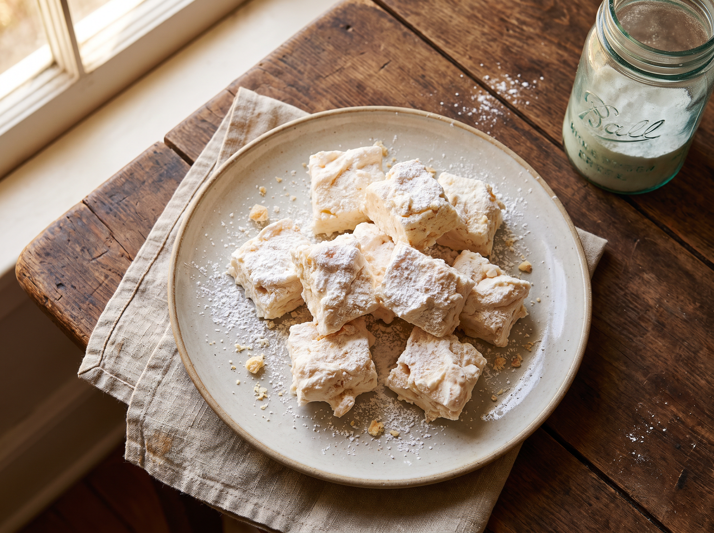 Powdered-sugar dusted candy squares on a plate